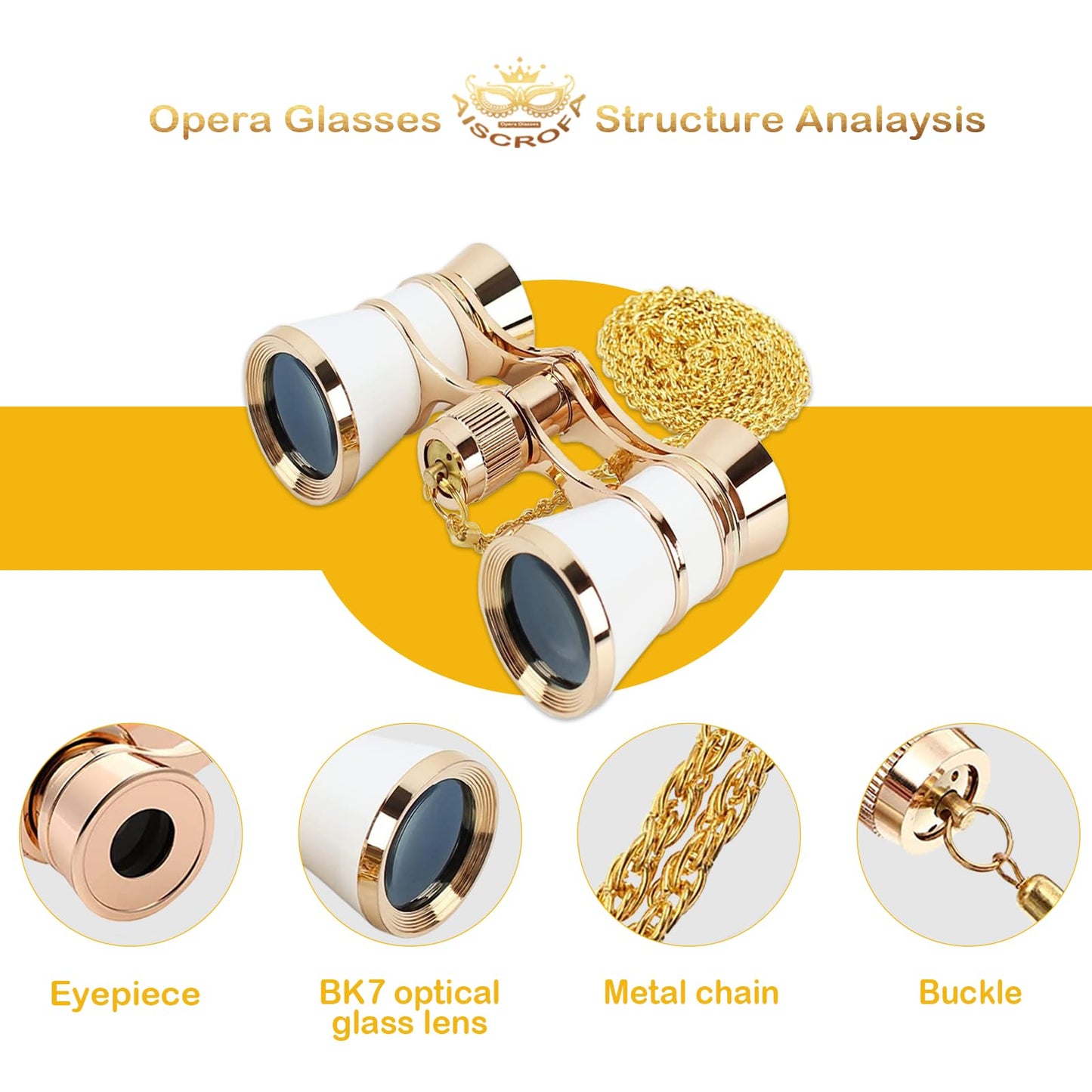 AiScrofa Opera Glasses Binoculars 3X25,Mini Binocular Compact Lightweight,with Chain for Adults Kids Women in Musical Concert (White with Chain)