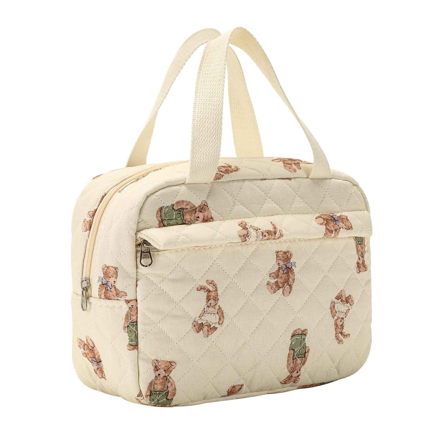 Large Size Quilted Coquette Makeup Bag, Cute Preppy Floral Cotton Travel Cosmetic Organizer Bag with Top Handle, Multi-Layer Travel Toiletry Pouch for Girls (04Bear)