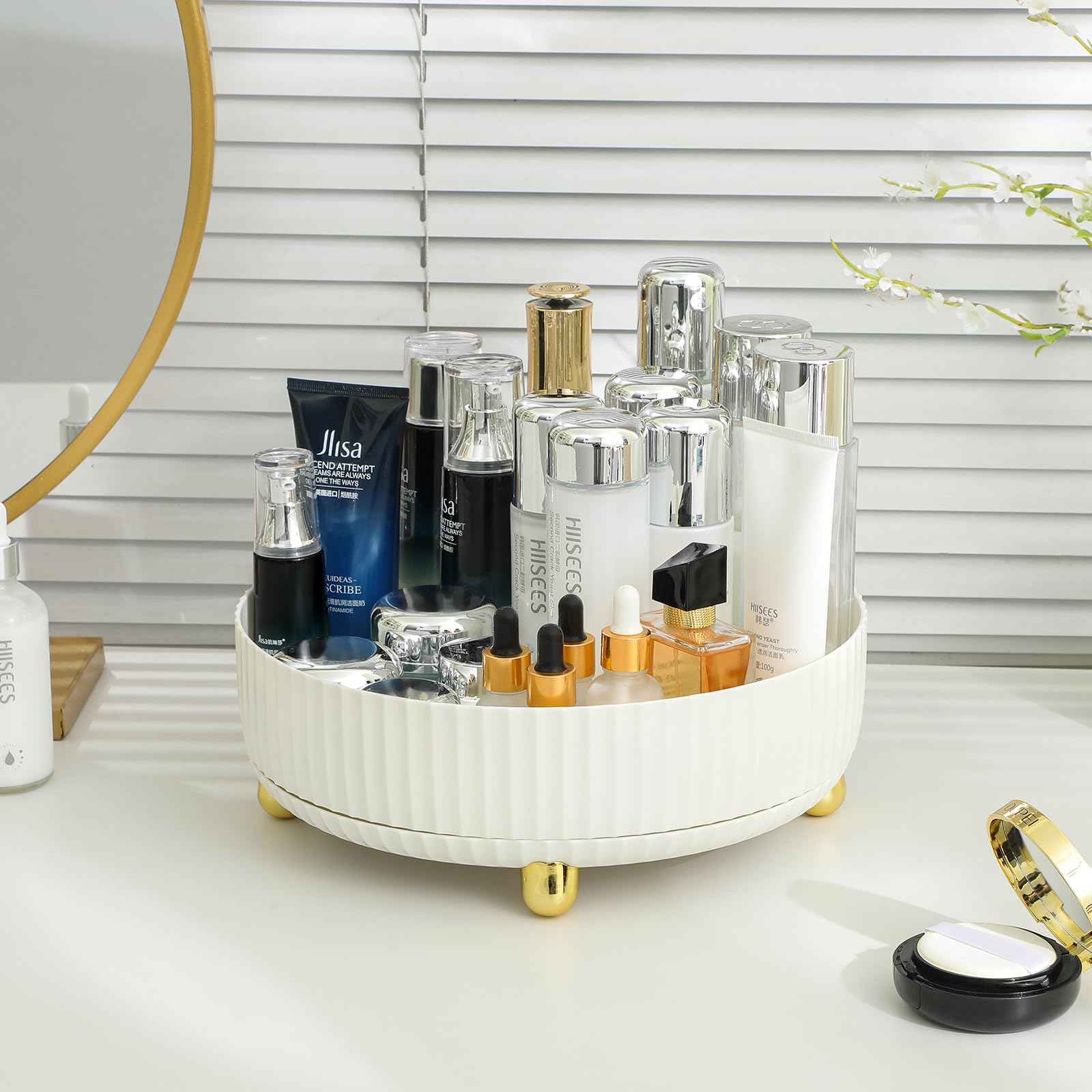 Anyoifax Makeup Perfume Organizer Tray 360 Degree Rotating Lazy Susan Skincare Lotion Organizer Spinning Cosmetics Storage for Dresser, Vanity, Bathroom Countertop, Small White & Large White