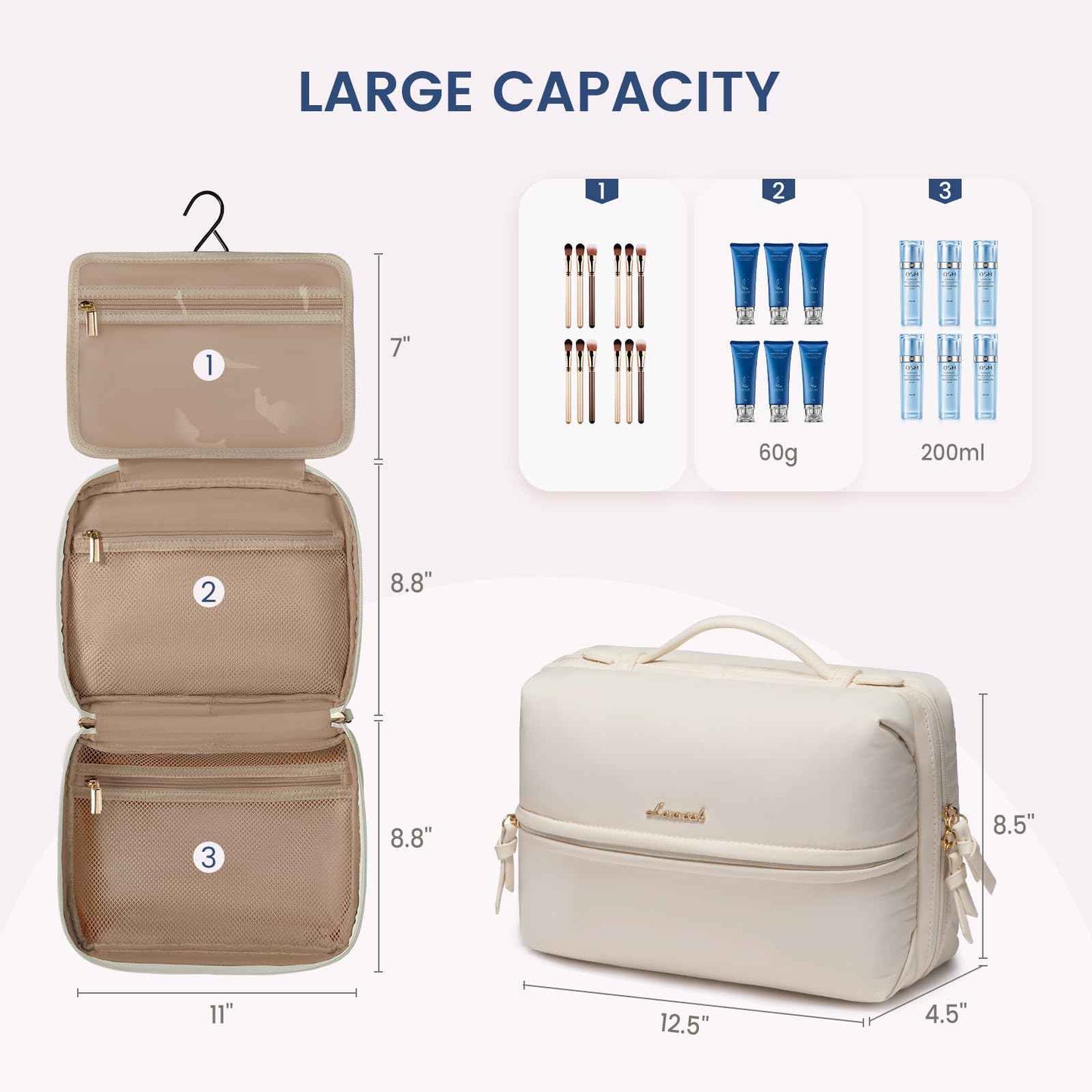 LOVEVOOK Travel Toiletry Bag With Hanging Hook for Women, Puffy Cosmetic Makeup Bag Organizer with Vegan Leather Handle for Accessories, Essentials, Toiletries, Off white