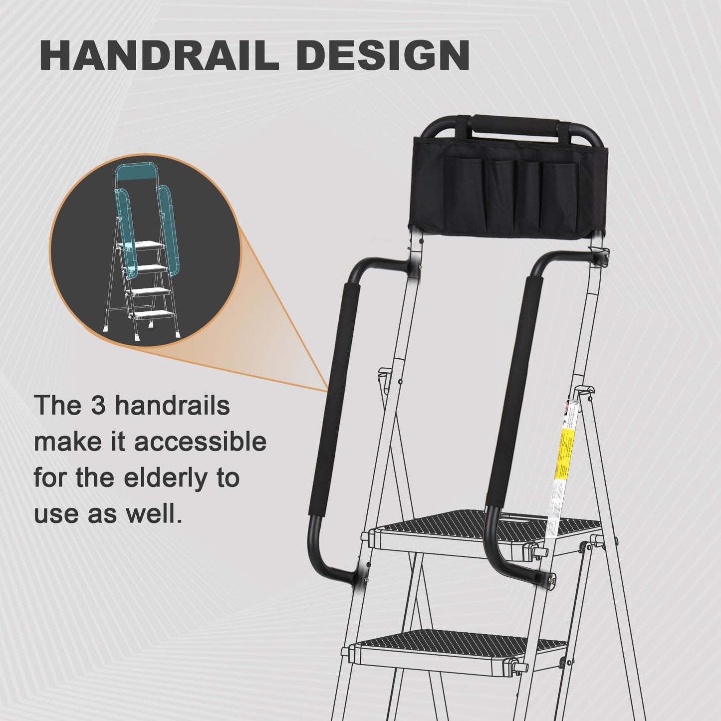 HBTower 4 Step Ladder with Handrails, Folding Step Stool with Wide Anti-Slip Pedal, 330lbs Sturdy Steel Ladder, Convenient Handgrip, Lightweight, Portable Steel Step Stool, Black, ZL02040201