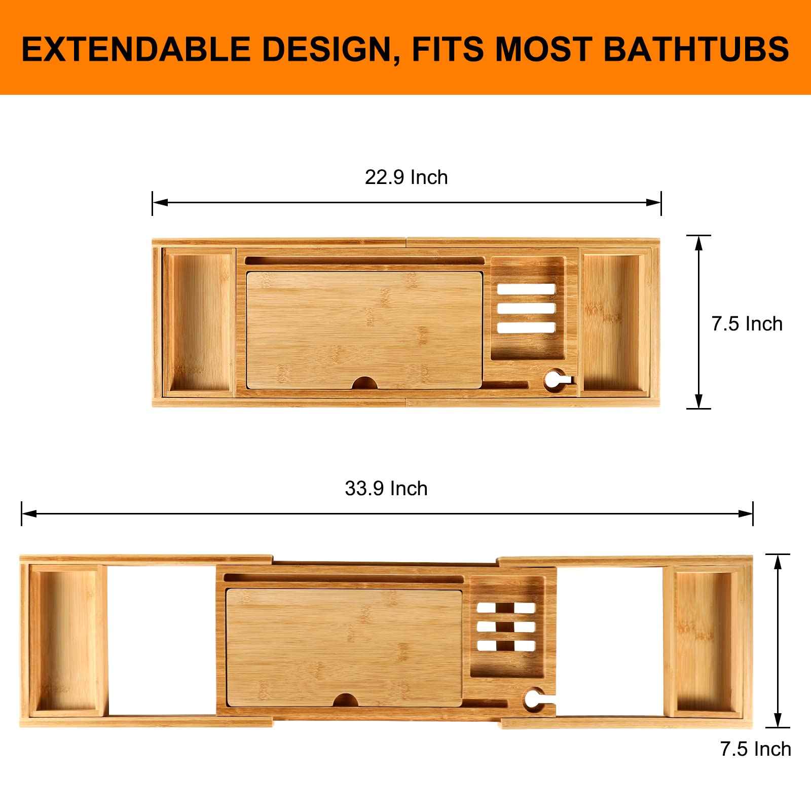 Premium Bamboo Bathtub Caddy Tray with Extending Sides, Adjustable Wood Bath Tray for Luxury Bath, Fits Most Tubs, Accessories Gift Idea