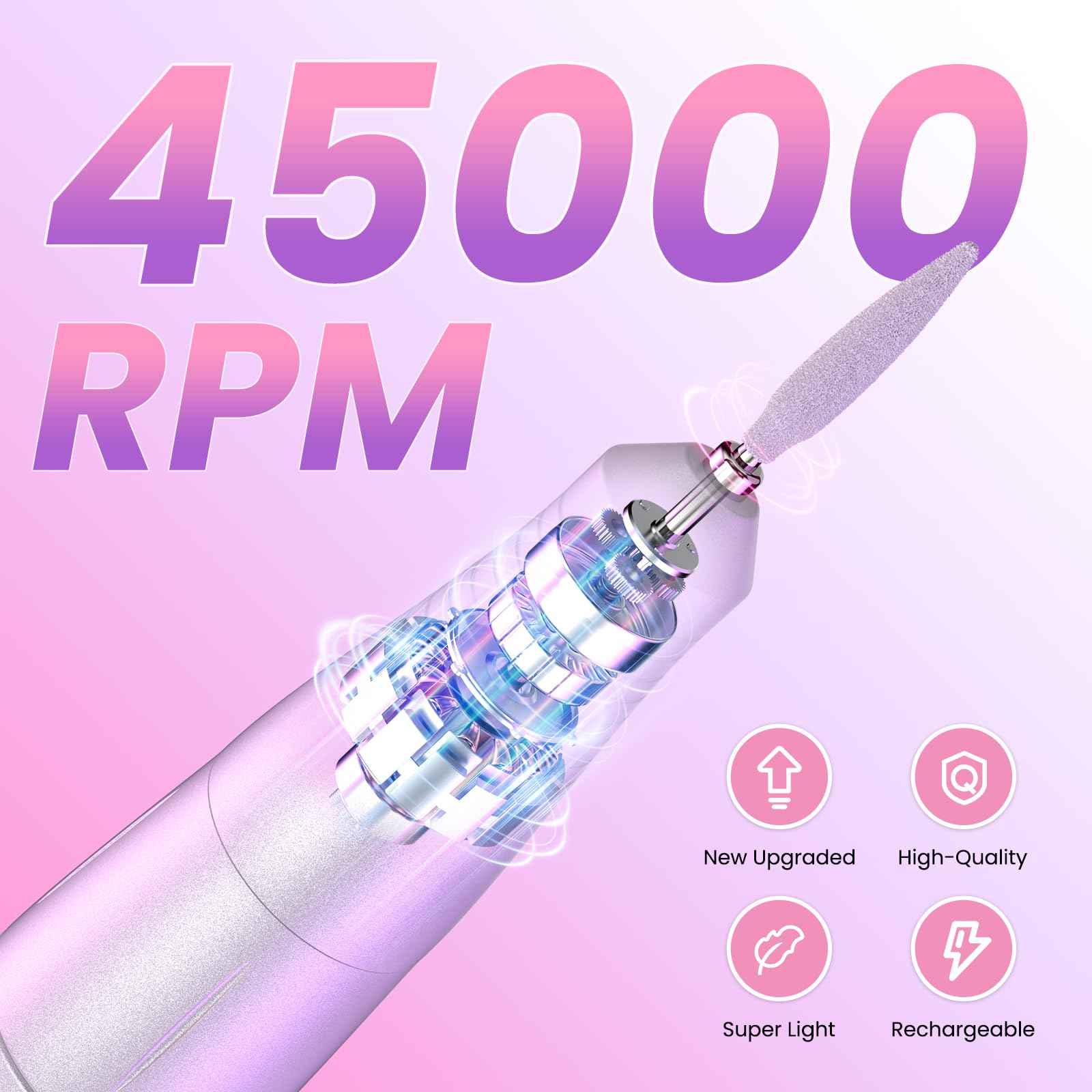 Portable Nail Drill Electric File: Cordless Nail Drills for Acrylic Nails Professional Rechargeable Nail Machine Kit Manicure Pedicure Tools Polishing Set for Shaping, Removing & Polishing Gel Nails