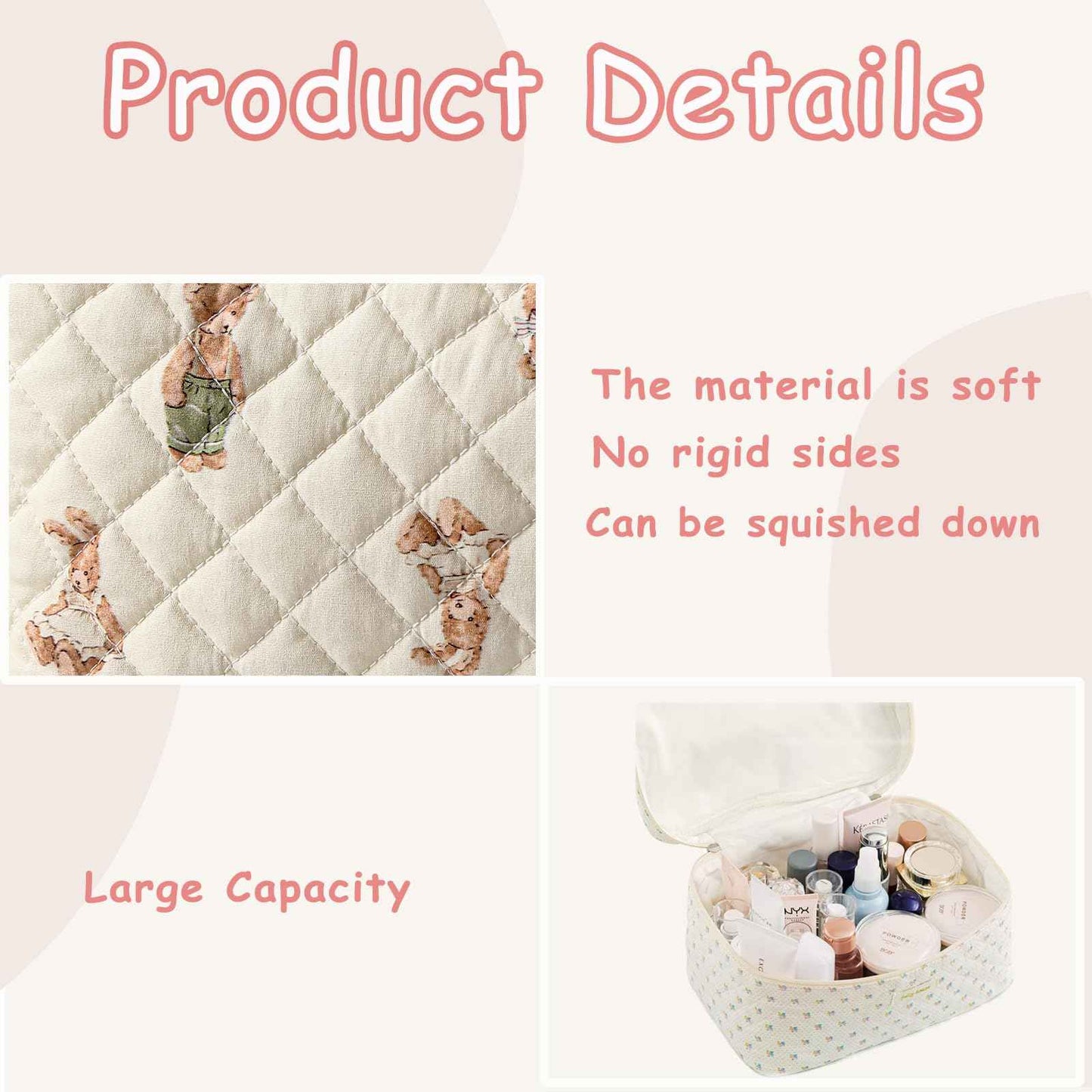 RSRSLEII 2 Pcs Quilted Cotton Makeup Pouch, Coquette Floral Quilted Toiletry Makeup Bag for Women and Girls, Aesthetic Travel Organized Cosmetic Bags(02Bear Pattern)