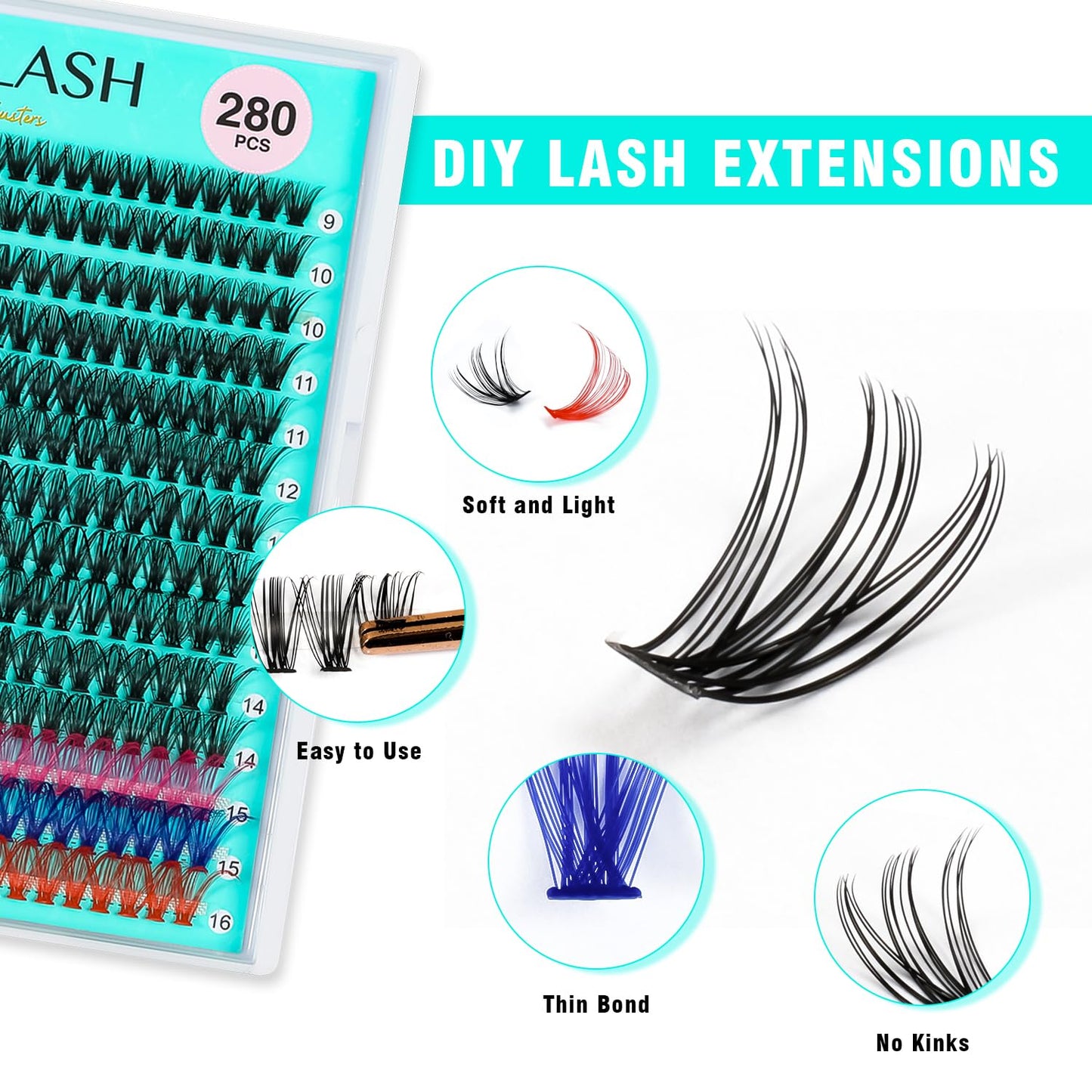 VAVALASH DIY Lash Extensions 280 PCS 40D Colored Individual Cluster Lashes D Curl Lash Clusters Faux Mink Slik Wispy False Lashes Easy Full Lash Extension DIY at Home (40D-0.07-D-9-16Mix Color)