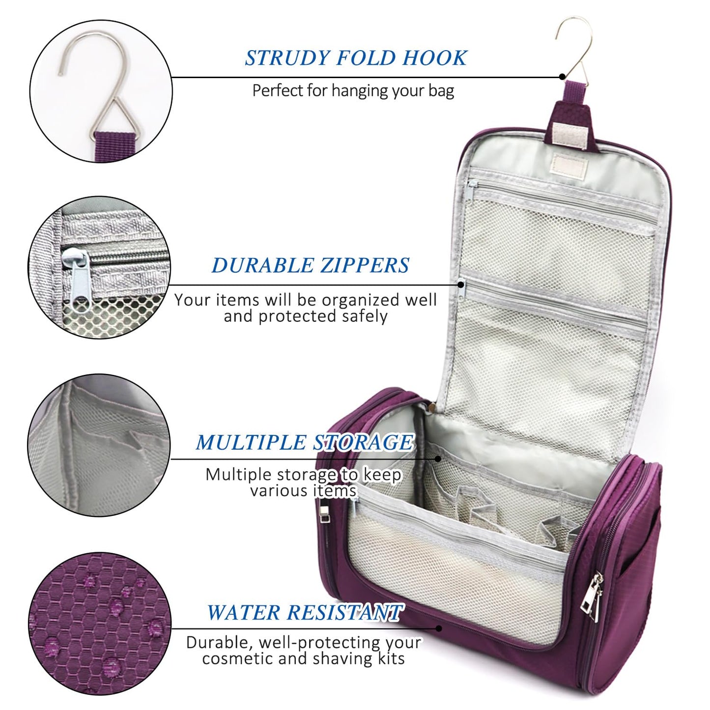 Buruis Large Capacity Toiletry Bag for Women and Men, Hanging Toiletry Organizer Cosmetics Makeup Bag, Water-resistant Dopp kit Shaving Bag for Full Sized Toiletries, Travel Essentials (Purple)