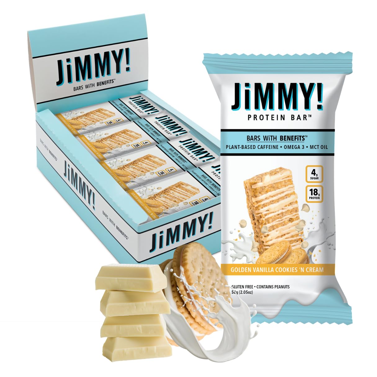 JiMMY'S! Functional Protein Bars - Golden Vanilla Cookies and Cream -12 Count | 18g High Protein, Plant-Based Caffeine & Omega 3, Low Sugar, Gluten-Free, Energy Boosting