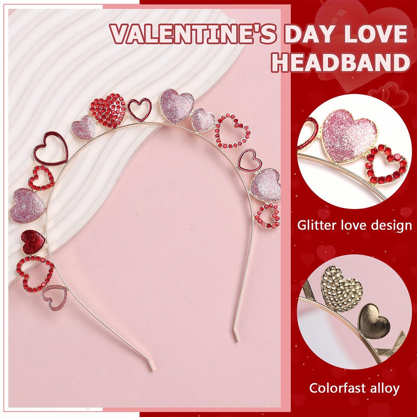 HIFANMM Valentines Day Headbands Red Rhinestones Heart Hair Bands for Women Girls, Shiny Glitter Hearts Crown Hair Accessories, Sweet Love Metal Hair Decoration Birthday Party Supplies Hair Hoop 1 Pcs