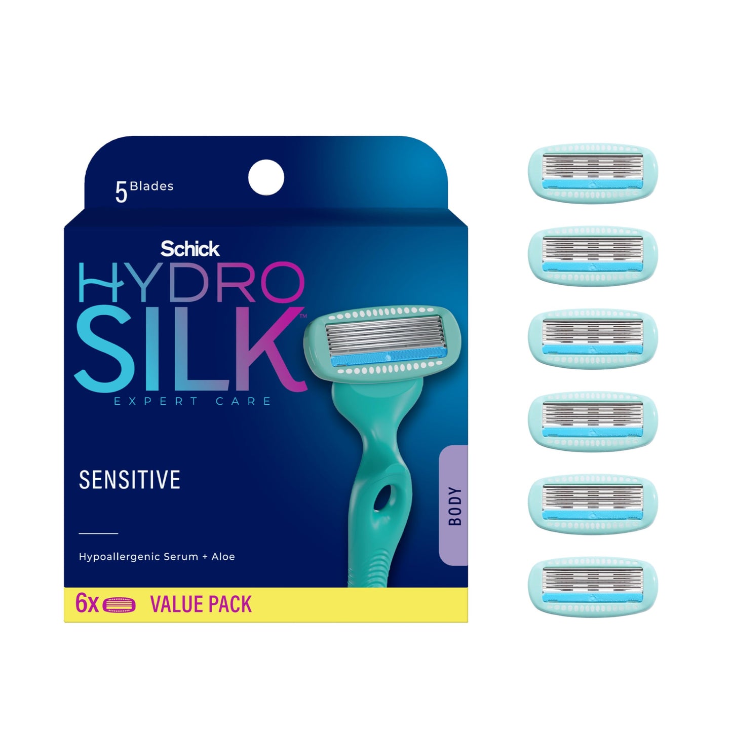 Schick Hydro Silk Dermaplaning Wand with 6 Blades and Hydro Silk Moisturizing Razor Blade Refills for Women with Shower Hanger, 6 Count