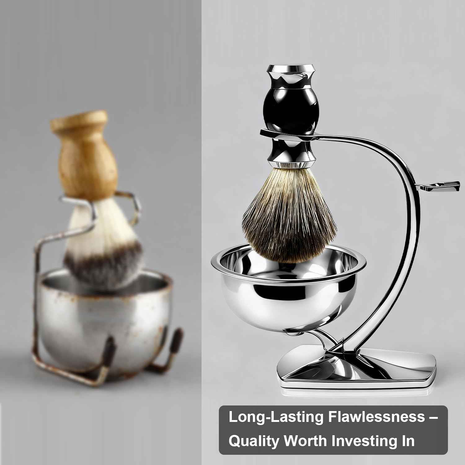 GRUTTI Shaving Bowl, Stand and Brush Set - 3-Piece Magnetic Base Bowl, Chrome Alloy Stand & Synthetic Brush | Razor Not Included