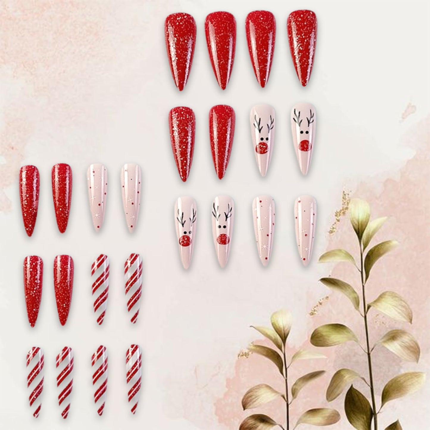 24PCS Christmas Press on Nails Long Almond Fake Nails with Pink Elk Glitter Red White Checkered Design False Nails Winter Christmas Glue on nails Red Nose Snow Stick on Nails Acrylic Nails for Women