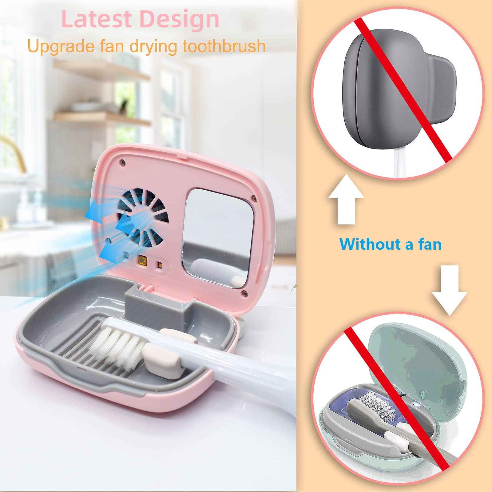 BY4U Mini Travel Toothbrush Cover with Air Drying Fan, Toothbrush Travel Case with Drying Lamp Rechargeable Portable Toothbrush Container Toothbrush Holder (Pink)
