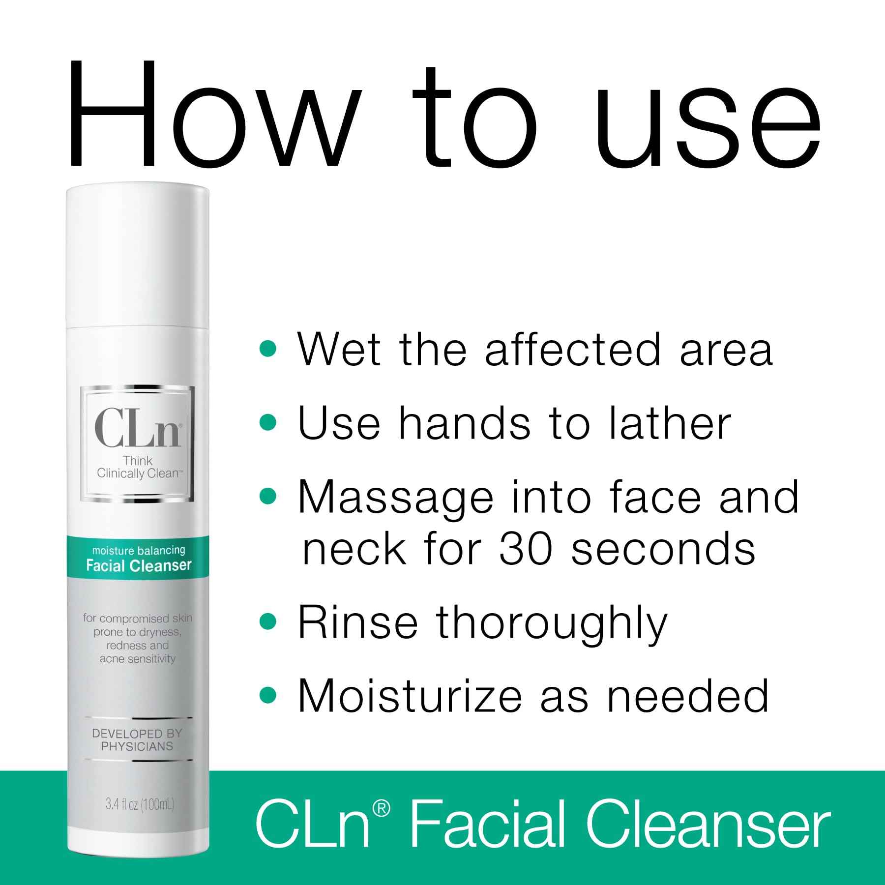 CLn® Facial Cleanser - Hydrating Facial Cleanser with Glycerin, For Skin Prone to Dryness, Eczema, Redness, Irritation & Acne Sensitivity, Fragrance-Free & Paraben-Free, 3.4 fl. oz.
