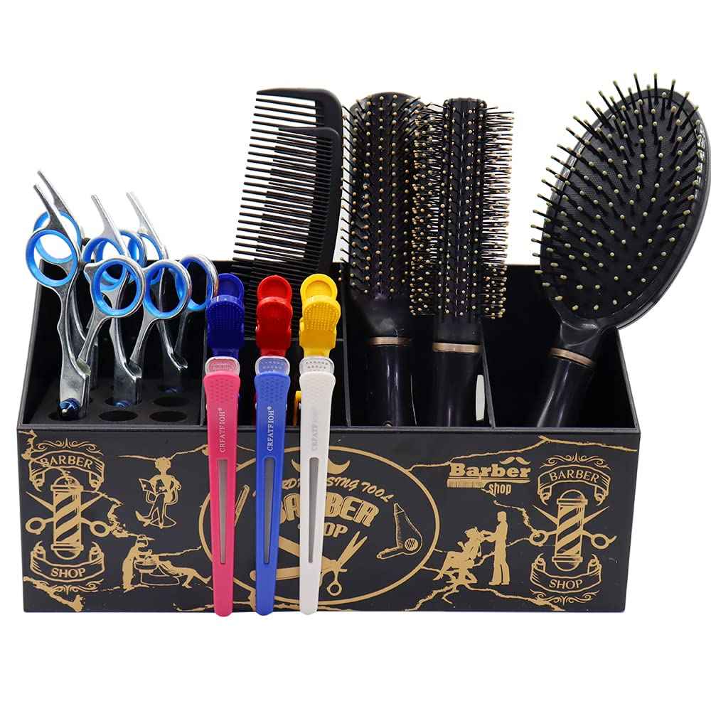 Flytreal Barber Scissor Shear Holder Box, Hair Salon Supplies Acessories Tool Station Desk Organizer Case, Combs Clips Scissors Stand Storage for Stylist Groomers Hairdressers (L-Black)