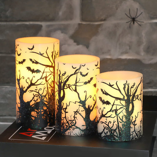 REVELBUNNY Halloween Flameless Candles Spooky Bats Decal LED Flickering Candles with Remote Timer, Battery Operated Real Wax Pillar Candle for Halloween Home Party Decoration, Set of 3