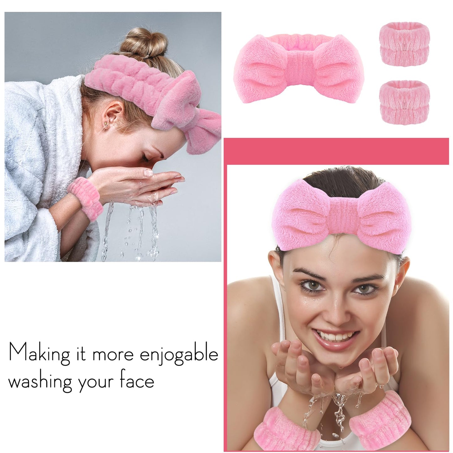 WSYUB Pink Spa Headband and Wristband Set for Face Washing