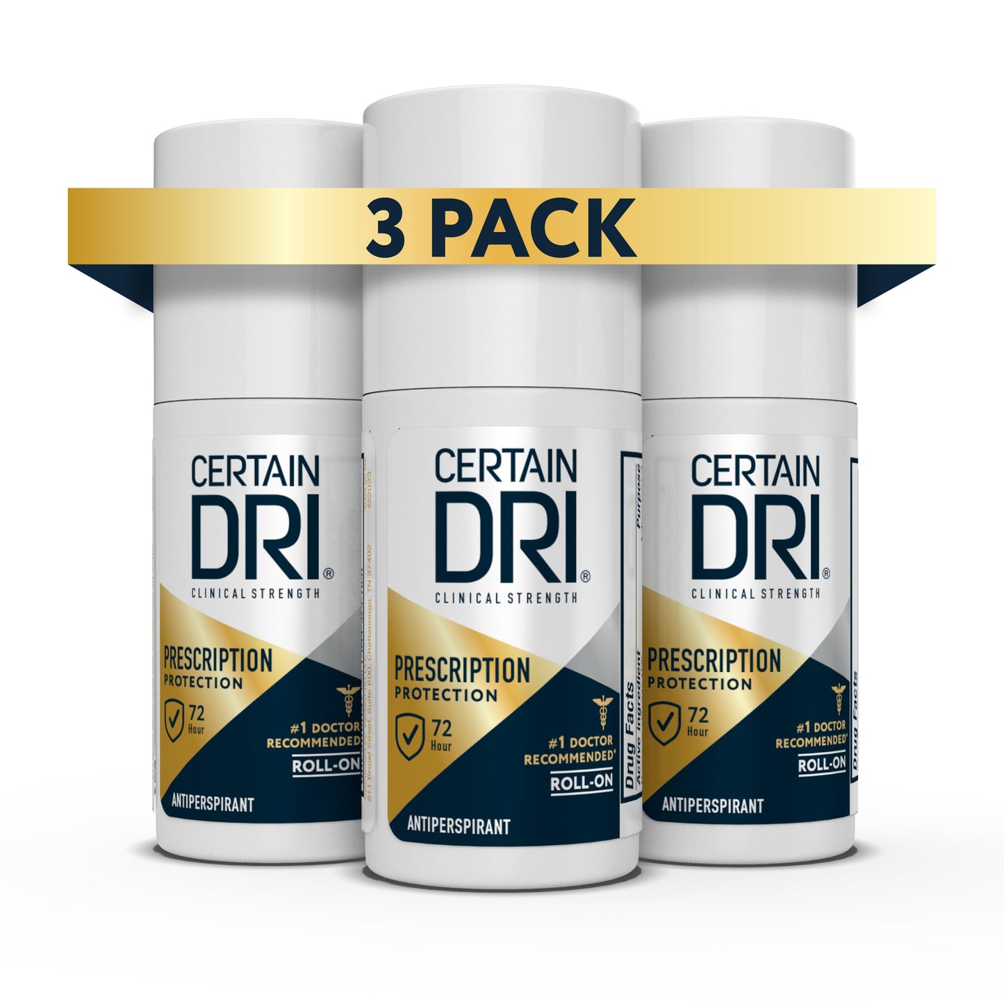 Certain Dri Prescription Strength Clinical Antiperspirant Roll-On, Hyperhidrosis Treatment for Men & Women, Long-Lasting 72hr Protection, Effective Sweat Control, Fragrance Free, 1.2 Fl oz, 3 Pack