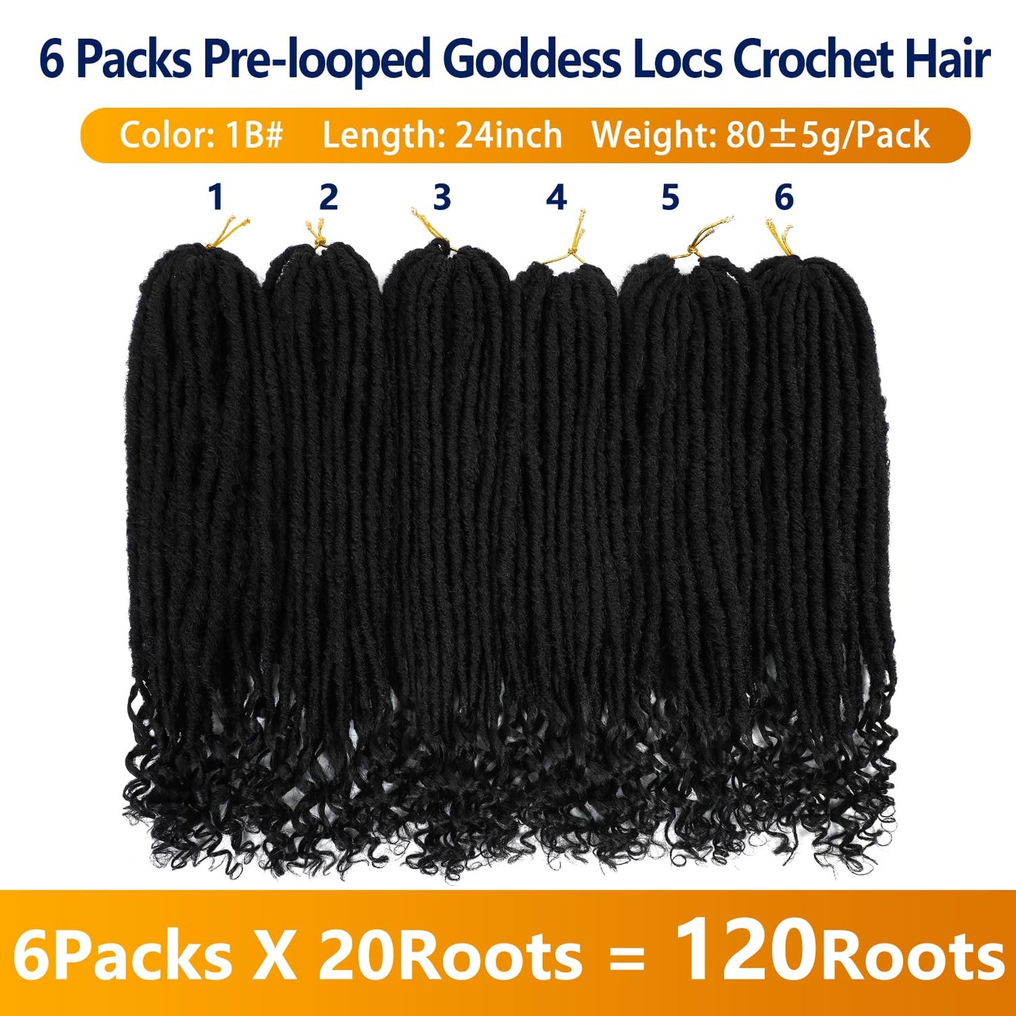 Goddess Locs Crochet Hair 6 Packs 24 Inch Straight Faux Locs Crochet Hair for Black Women, Crochet Pre-Looped Curly Hair Soft Faux Locs Synthetic Braiding Hair Extensions (24 Inch, 6 Packs, 1B#)