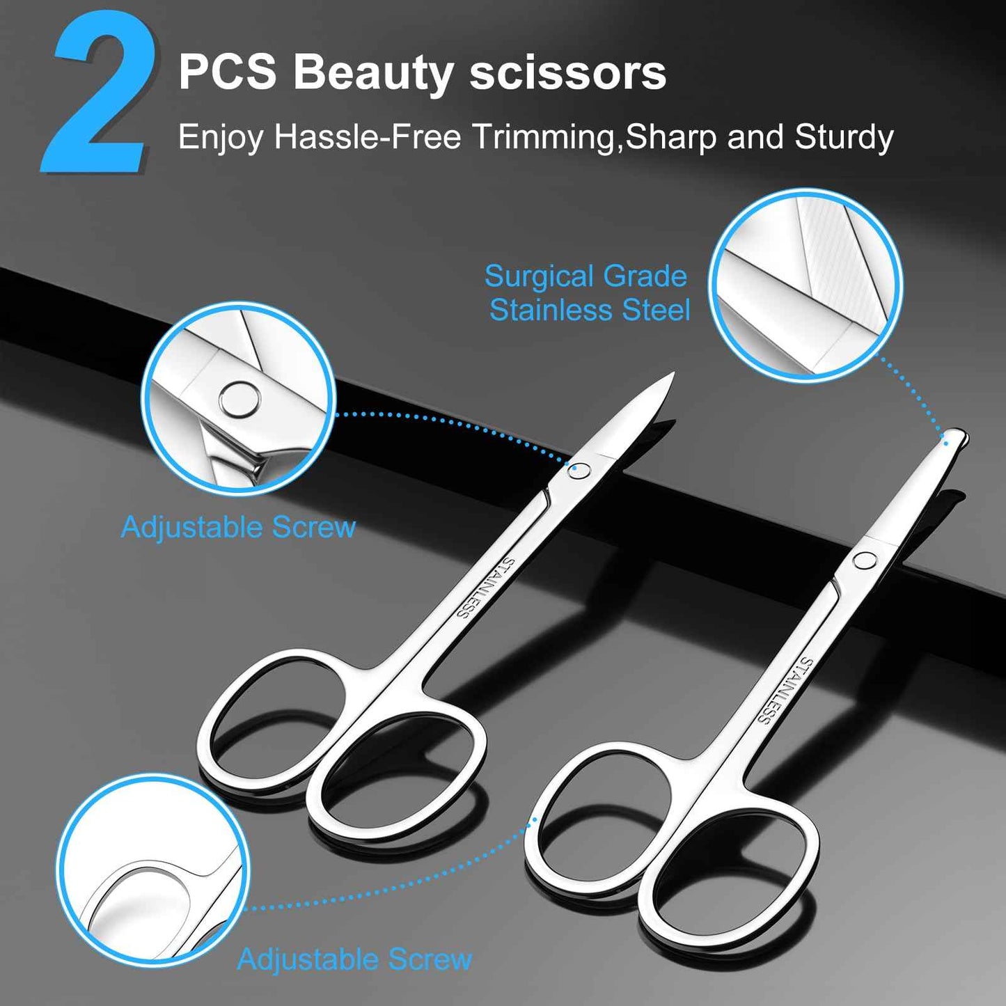 Men's and Women's Facial Hair Small Scissors, Eyebrow, Nose, Beard, Whisker, Eyelash, Ear Hair Trimming Set, Curved and Rounded Safety Tip Scissors for Haircutting 2pcs