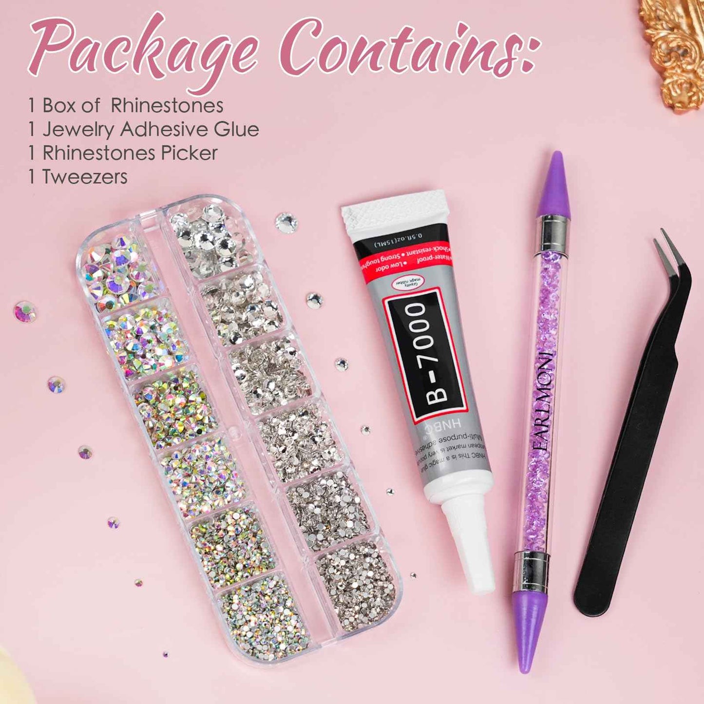 EARLMONI 2800PCS Rhinestones with 15ml B-7000 Rhinestone Glue, Pick Up Tweezers, Rhinestone Picker Pen, 6 Sizes Silver AB Crystal Nail Gems for DIY Crafts Clothing Tumblers Shoes Fabric Nail Art