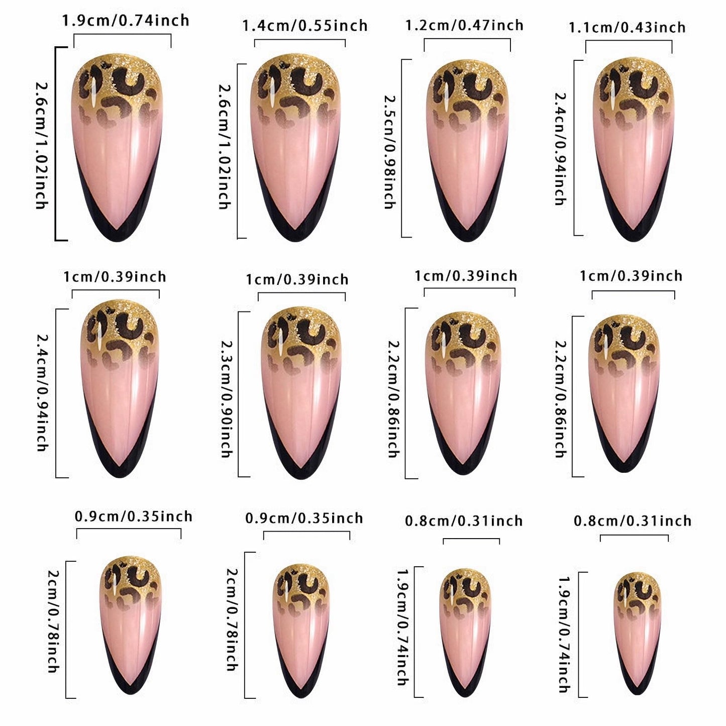 MISUD Press on Nails Medium Almond Fake Nails Glossy Glue on Nails Black French Tip Acrylic Nails Stiletto Leopard Artificial Nails Bling Gold Glitter Stick on False Nails with Design 24 pcs