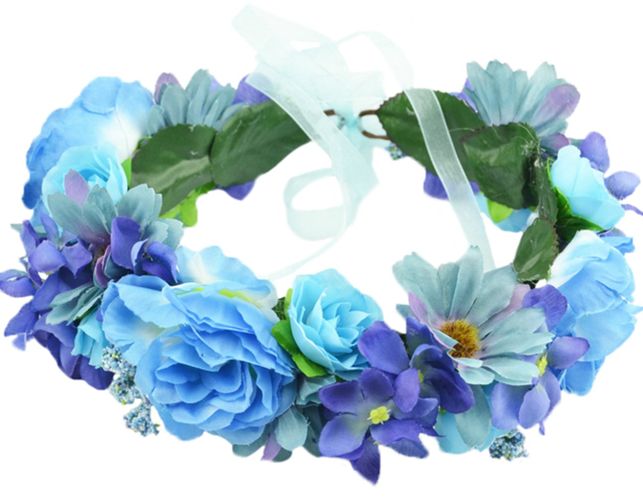 Vivivalue Rose Flower Crown Flower Garland Headband Hair Wreath Floral Headpiece Halo Boho with Ribbon Wedding Party Festival Photos Blue