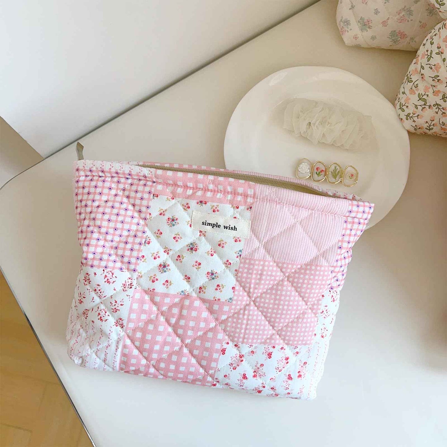 Sminra 2 Pieces Floral Makeup Bag, Cute Travel Quilted Cotton Small Cosmetic Bag Organizer, Coquette Aesthetic Preppy Pouch Purse Toiletry Bag for Women Girls accessories