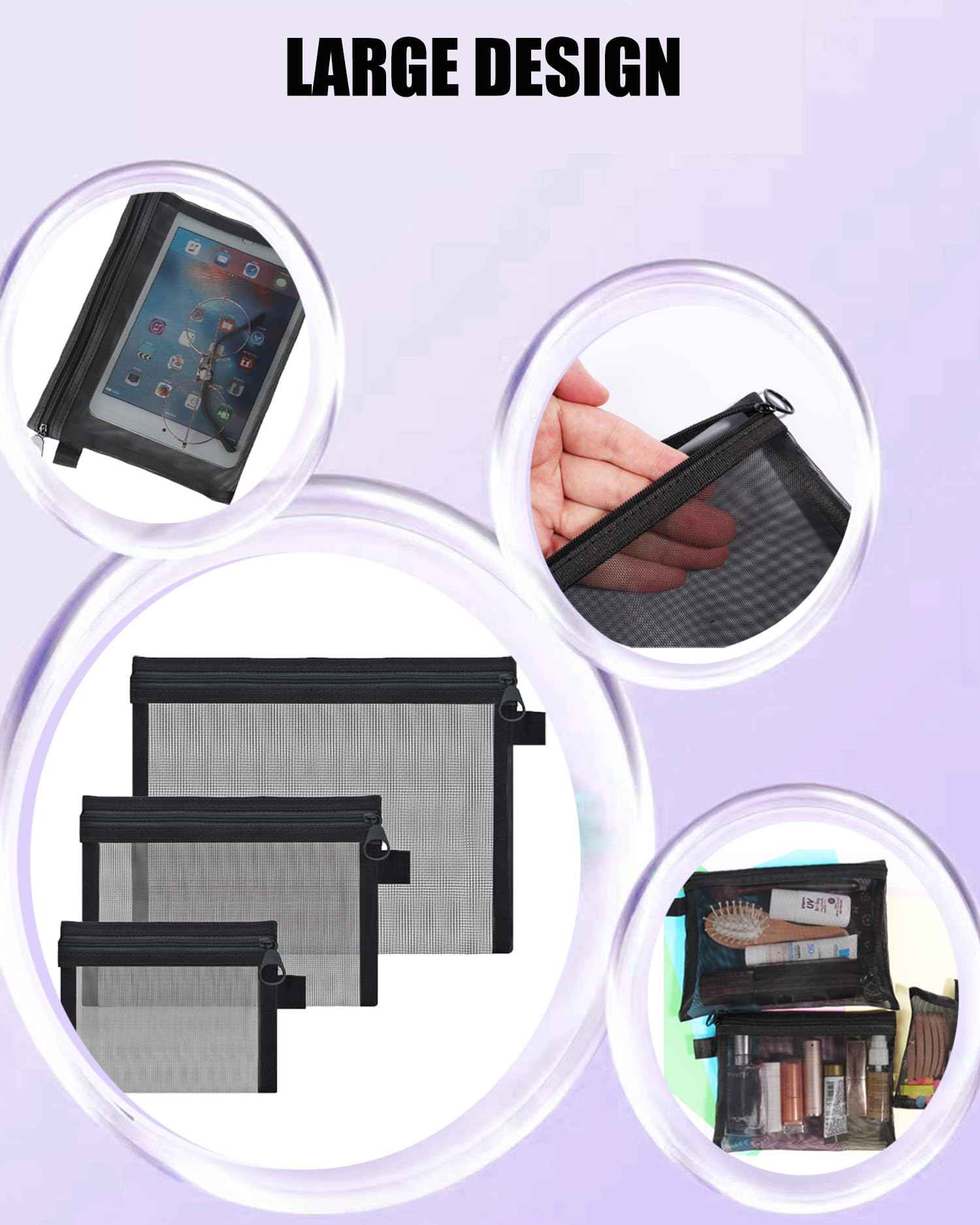 HORNYPOOT 3 Pcs Mesh Zipper Pouch Bags,Small Zipper Mesh Bags，Nylon Mesh Pouch Coin Purse Cosmetic Case，Travel Toiletry Bag for Daily Toiletries Office Supplies (3pcs Black-(S M Large), 3)