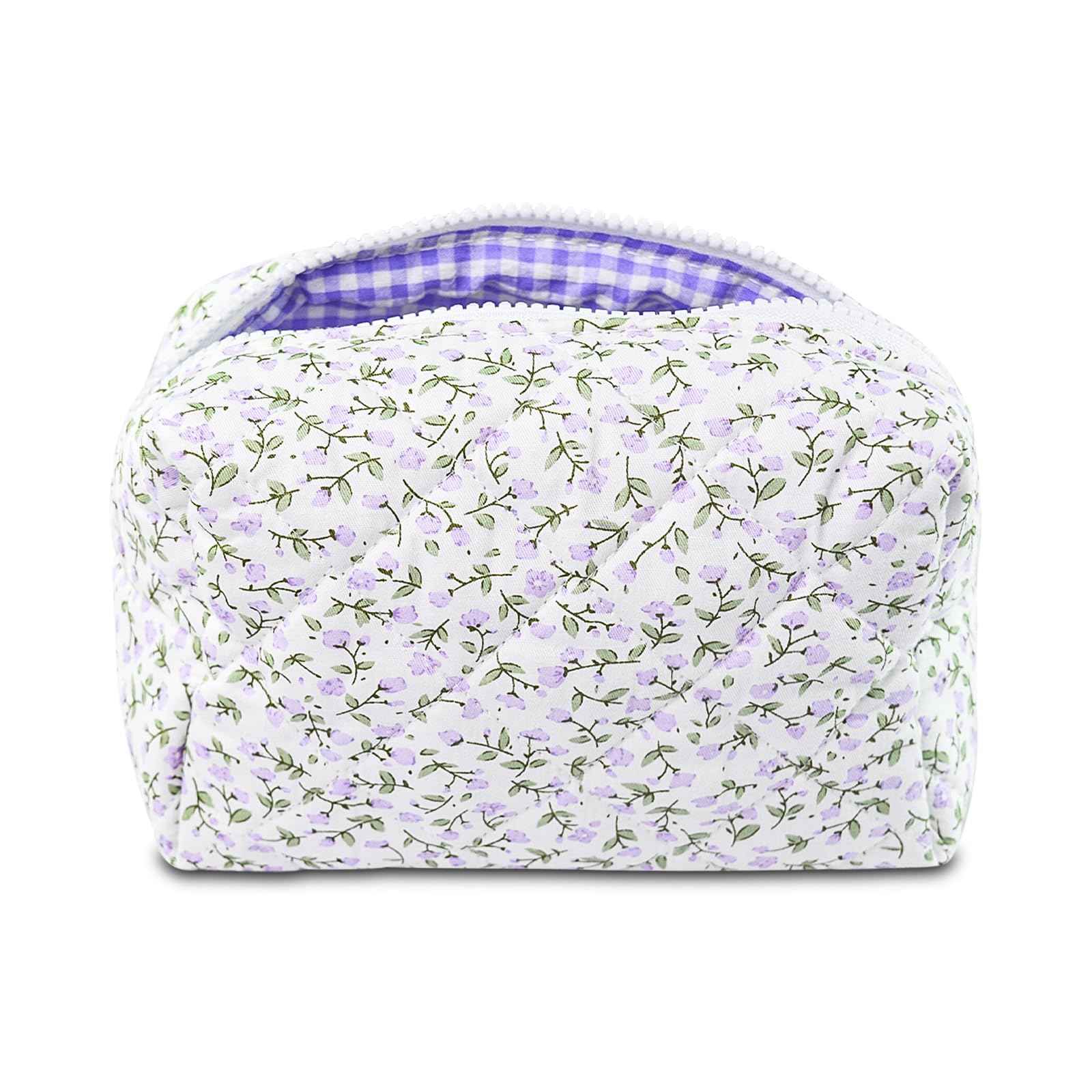 Quilted Makeup Bag Floral Cotton Make up Bag Puffy Coquette Makeup pouch Aesthetic Cute Travel Toiletry Bag for Women Girls