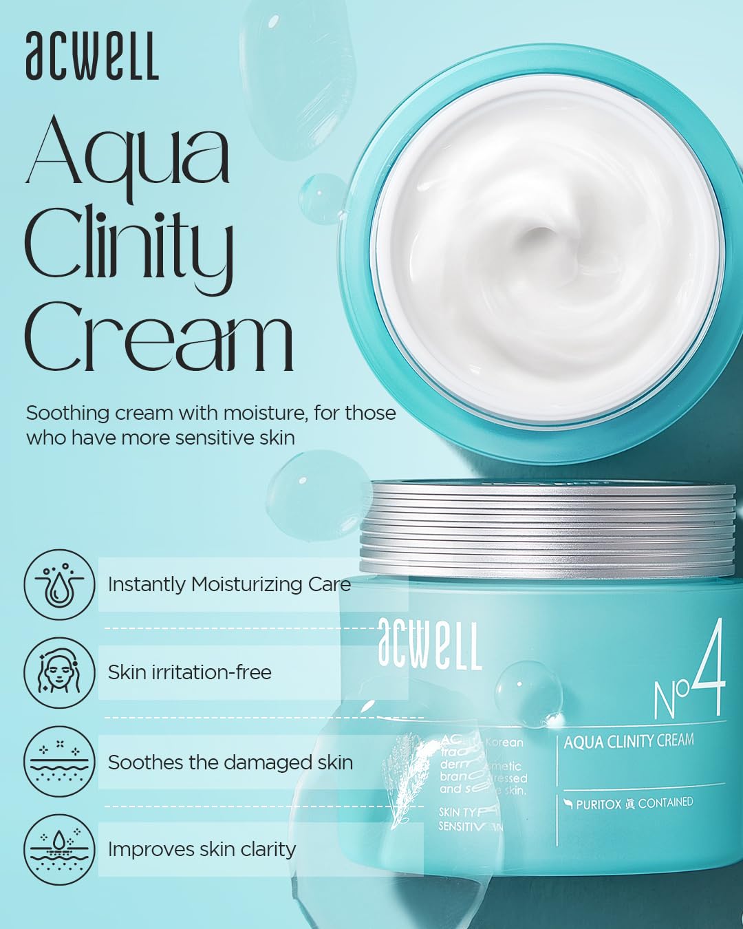 ACWELL Aqua Clinity Cream - 24hr Soothing Moisturizer for Face, Ideal for Sensitive Skin - Non-Sticky, Refreshing Gel, Intensive Hydrating for Day and Night Skincare, 1.69 oz.