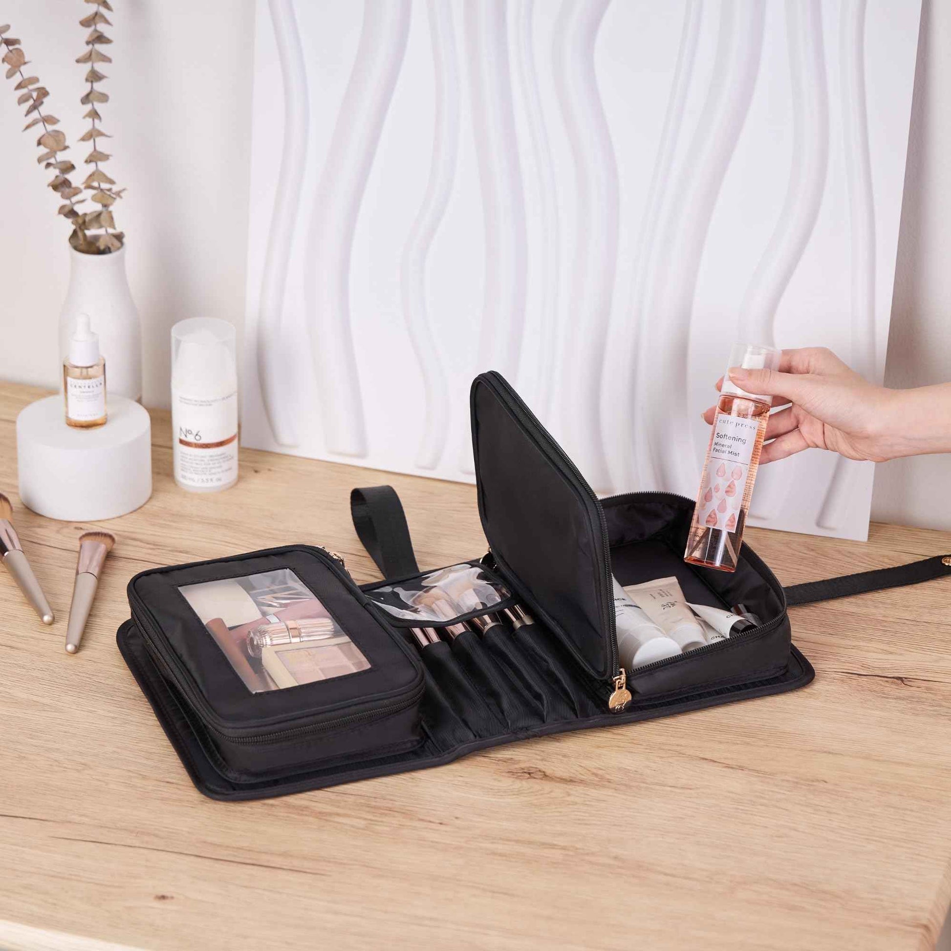 Travel Makeup Bag for Women for Cosmetics, Brushes, and Toiletries, Compact and Portable Makeup Organizer, Large Capacity Storage Cosmetic bag for Business, Vacation, or Weekend Traveling (Black)