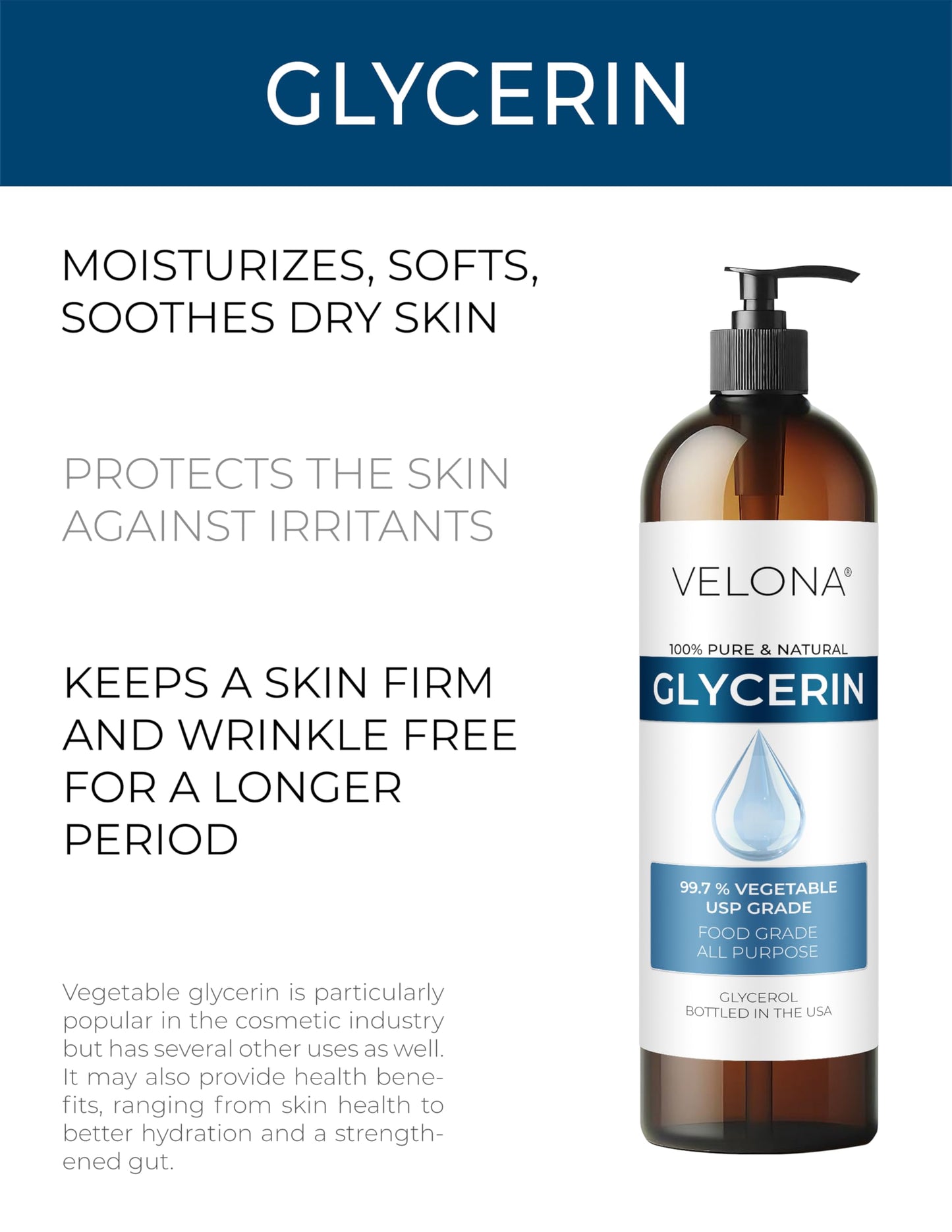 velona Glycerin Vegetable USP Grade 4 fl oz | 100% Pure and Natural Carrier Oil | Hair and Face Moisturizer for Dry Skin, Bubble Bath, Glycerin Soap, Soap Base | Use Today - Enjoy Results