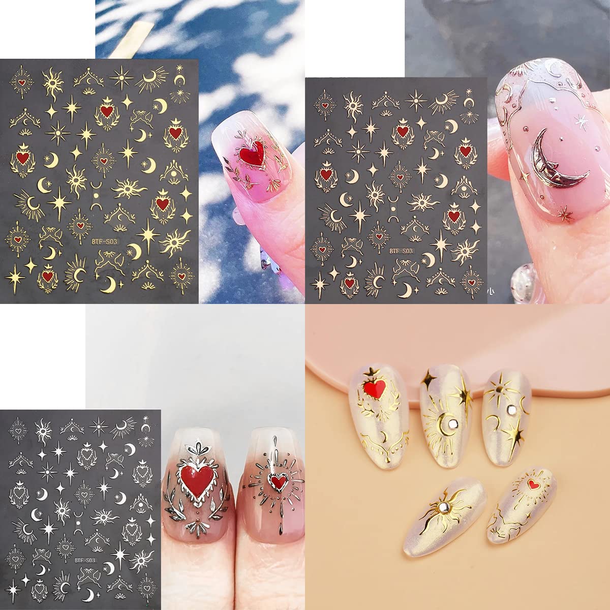 6 Sheets Sun Star Nail Art Stickers Bronzing Moon Nail Decals 3D Self-Adhesive Heart Nail Stickers Rose Gold Sliver Starlight Moon Star Nail Designs Sticker for Women DIY Acrylic Nail Art Supplies