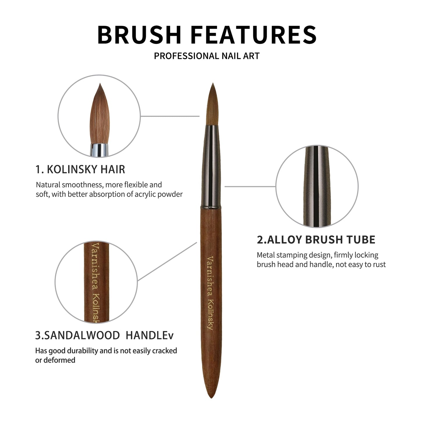 varnishea Pure Kolinsky Hair Acrylic Nail Brush Sandalwood Handle Professional Manicure Brushes for Powder Nail Acrylic Application - Salon & DIY Nail Art Essentials - Size 12, 1.0 Count