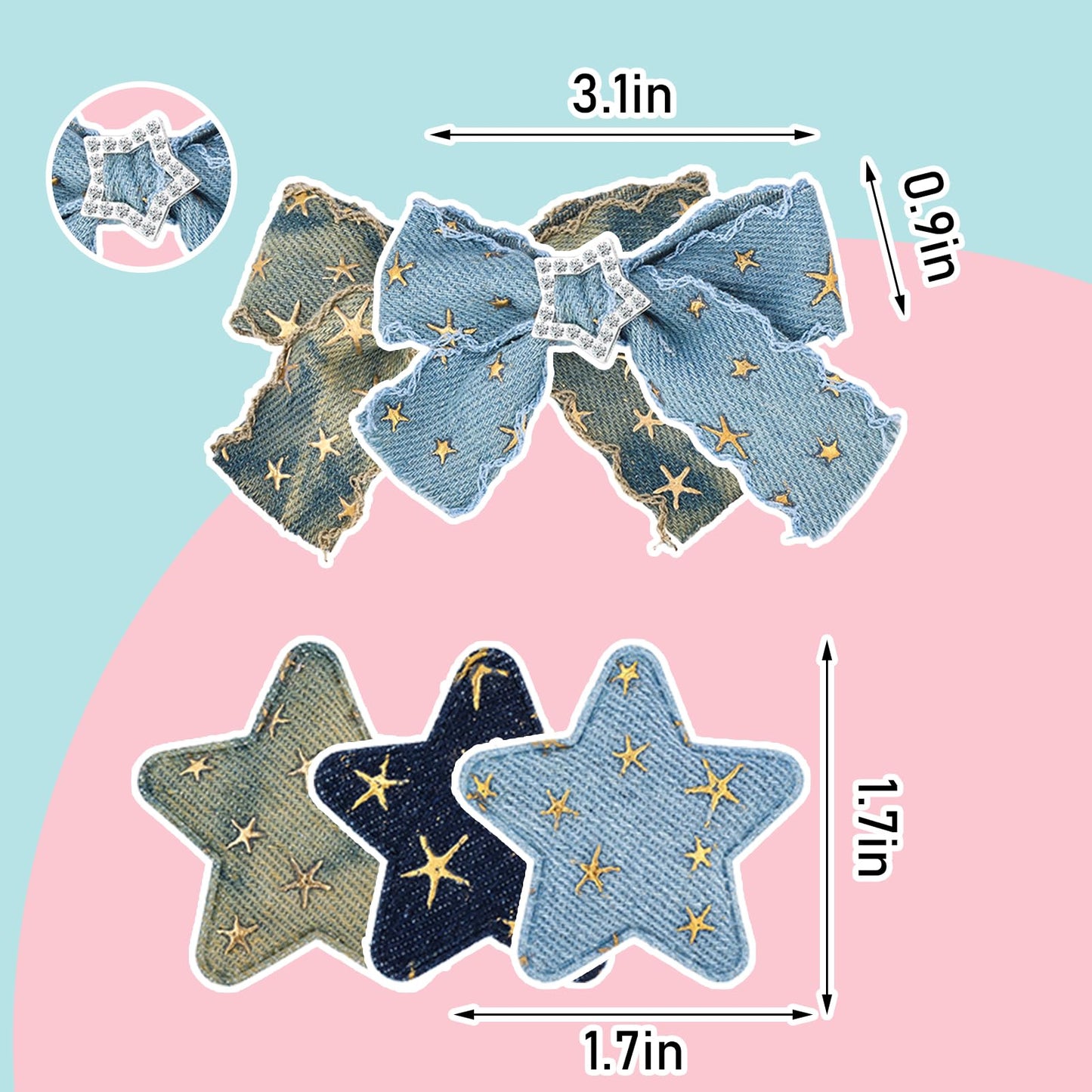 ZLSPTK 10Pcs Blue Denim and Metal Star Hair Clips for Women Girls, Small Hair Barrettes, Fine Hair Bowknot Accessories for Teens Kids