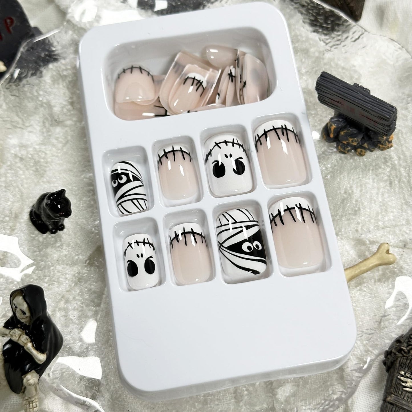 Halloween French Tip Press on Nails Short Square Fake Nails, Pink Press on Nails with Mummy Designs Halloween Glue on Nails Full Cover False Nails Halloween Nails for Women 24Pcs