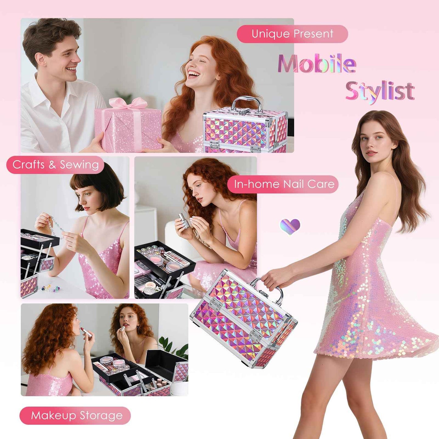 Faquenc Makeup Case with Lighted Mirror Travel Makeup Organizer Box 2 Trays Lockable Cosmetic Train Case with Movable LED Mirror for Girls Make Up Nail Kits Sewing Vanity Storage Case Shiny Pink