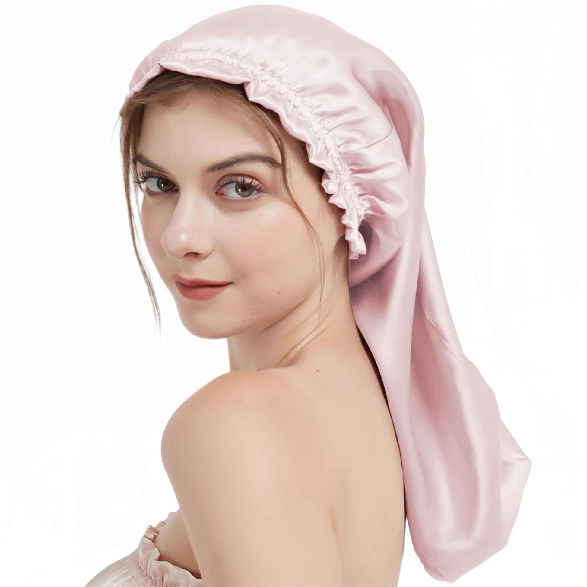 SereLune 100% Mulberry Silk Adjustable Shower Cap, Long Silk Turban/Bonnet for Sleeping, Shower Cap, Hair wrap for Sleep,3 Colors (Light Pink)