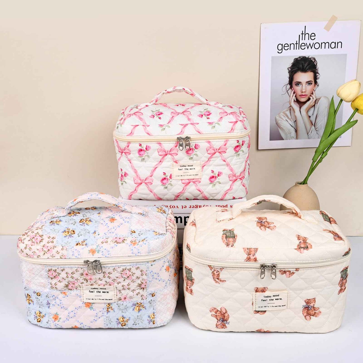 SXS LACONIC 3PCS Quilted Makeup Bag Set, Cosmetic Pouch for Women, Travel Toiletry Bags with Zipper Closure, Coquette Floral Make up Organizers