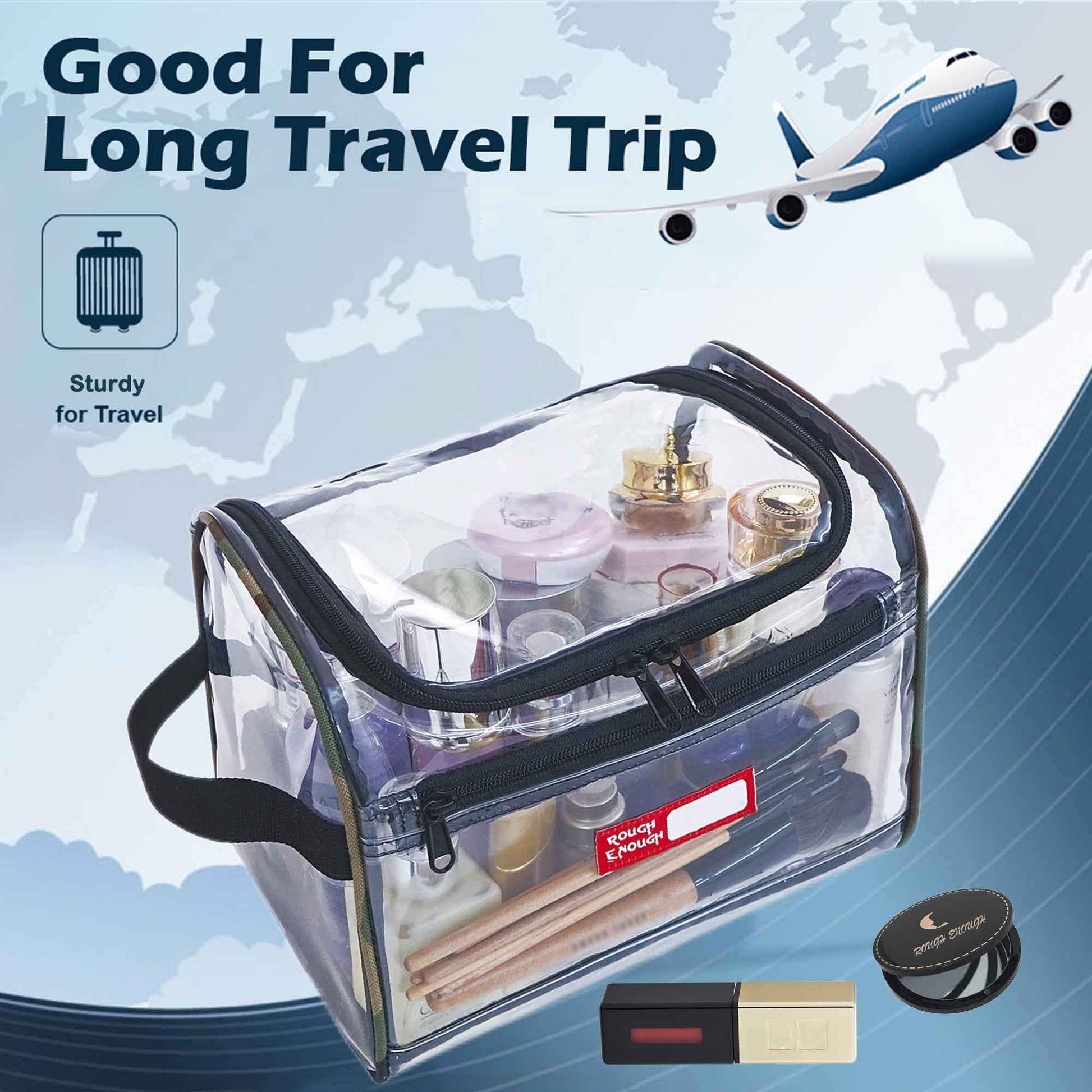 Rough Enough Clear Makeup Toiletry Bag Cosmetic Organizer Large Medicine Pouch with Zipper for Women Travel Accessories Essentials Pouch Toiletries Airport