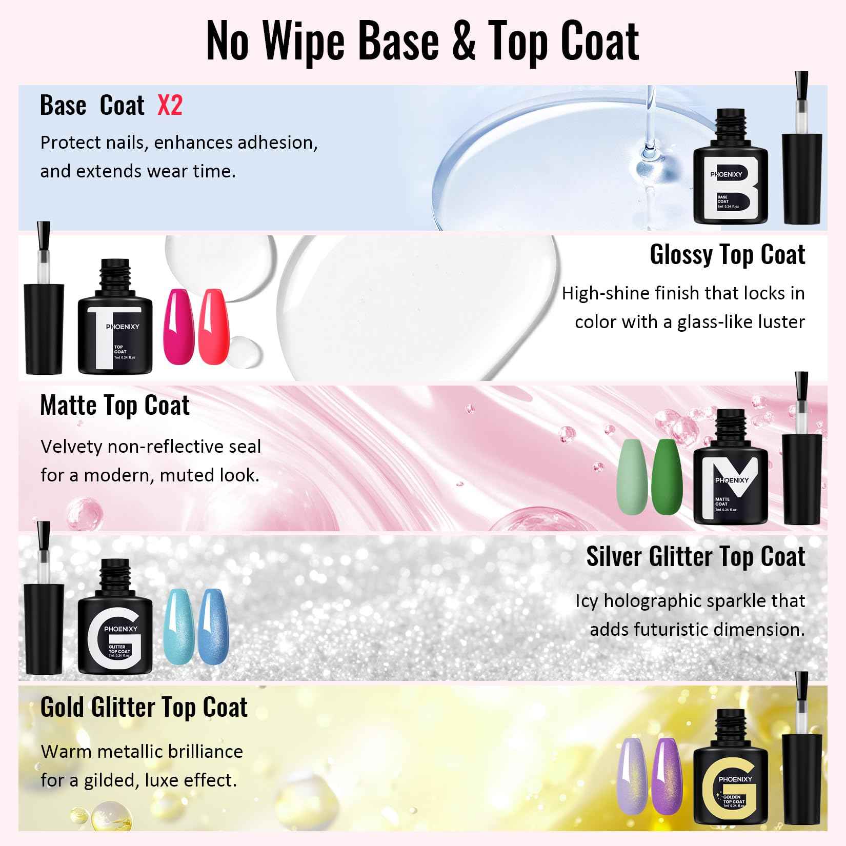 phoenixy 50 Pcs Gel Nail Polish Set, 42 Colors Gel Polish with Base Coat & 4 Effects Top Coat All Seasons Colors Gel Polish Kit Nail Starter Set Gifts for Women Girls