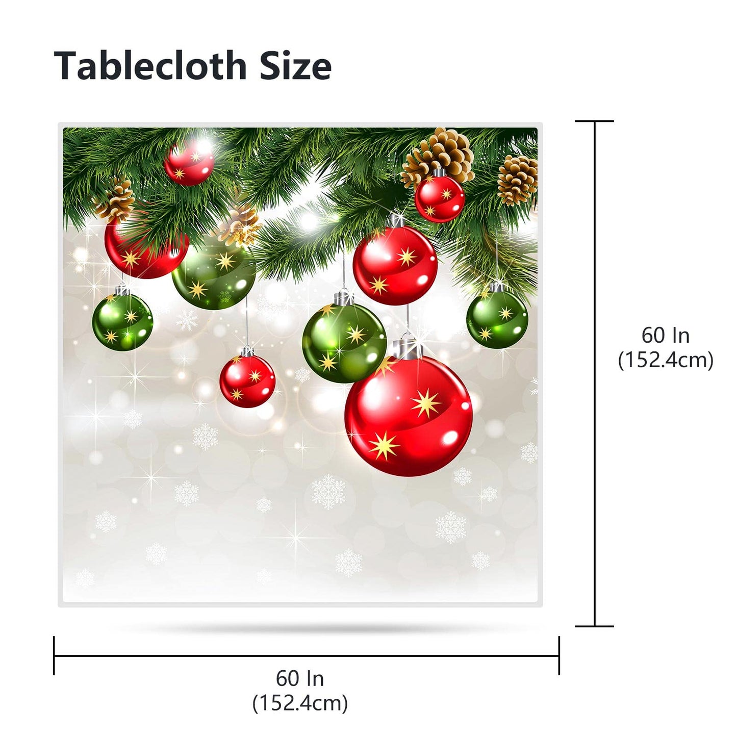 VVA Square Christmas Tablecloth, 60 Inch Winter Xmas Balls Hang on Pine Tree with Snowflake Baubles Square Table Cloth for Family Kitchen Gatherings Parties Dinner Decor