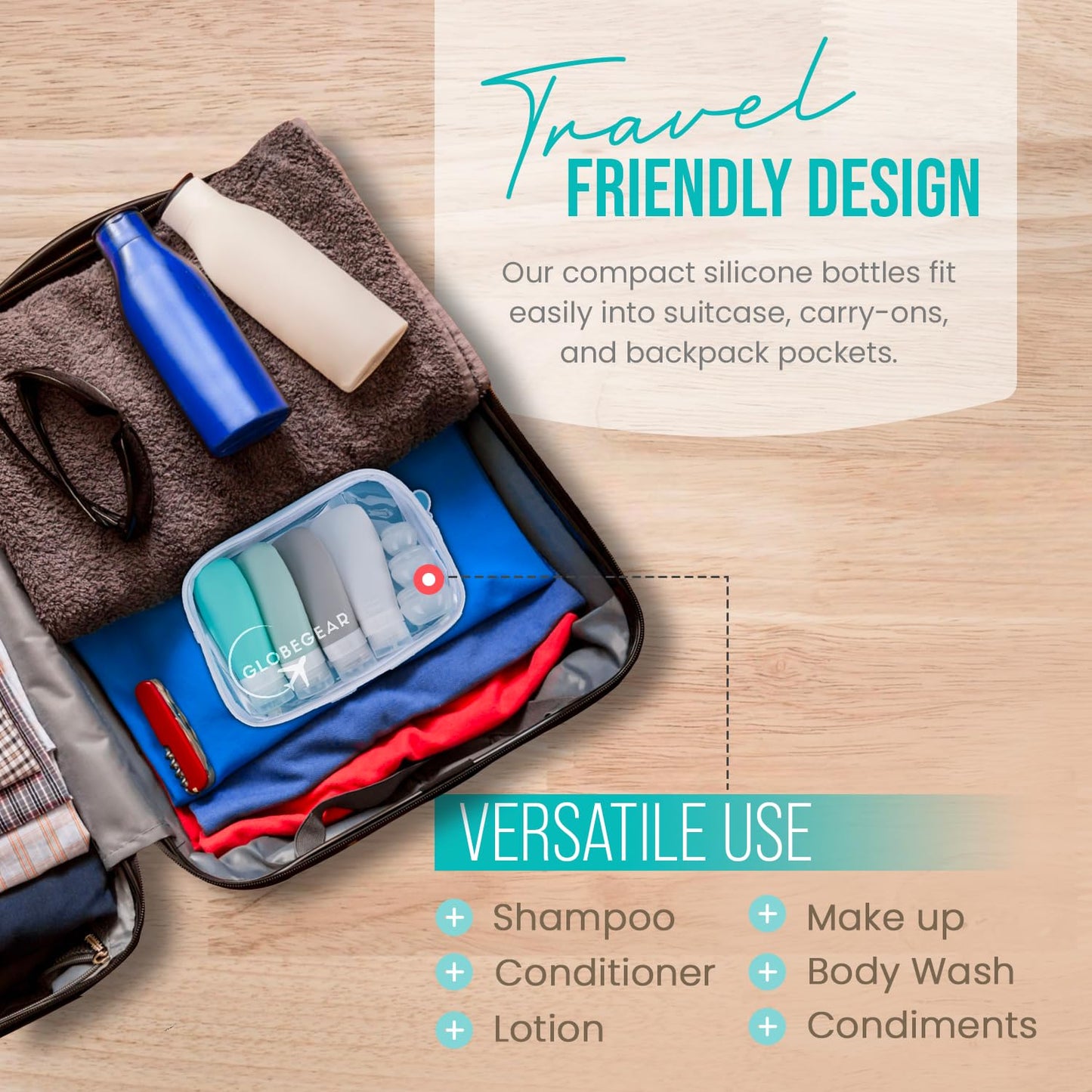 GLOBEGEAR TSA Approved Silicone Travel Bottles Leak Proof & Travel Size Containers for Toiletries Travel Kit with TSA Liquids Travel Bag (model GG3)