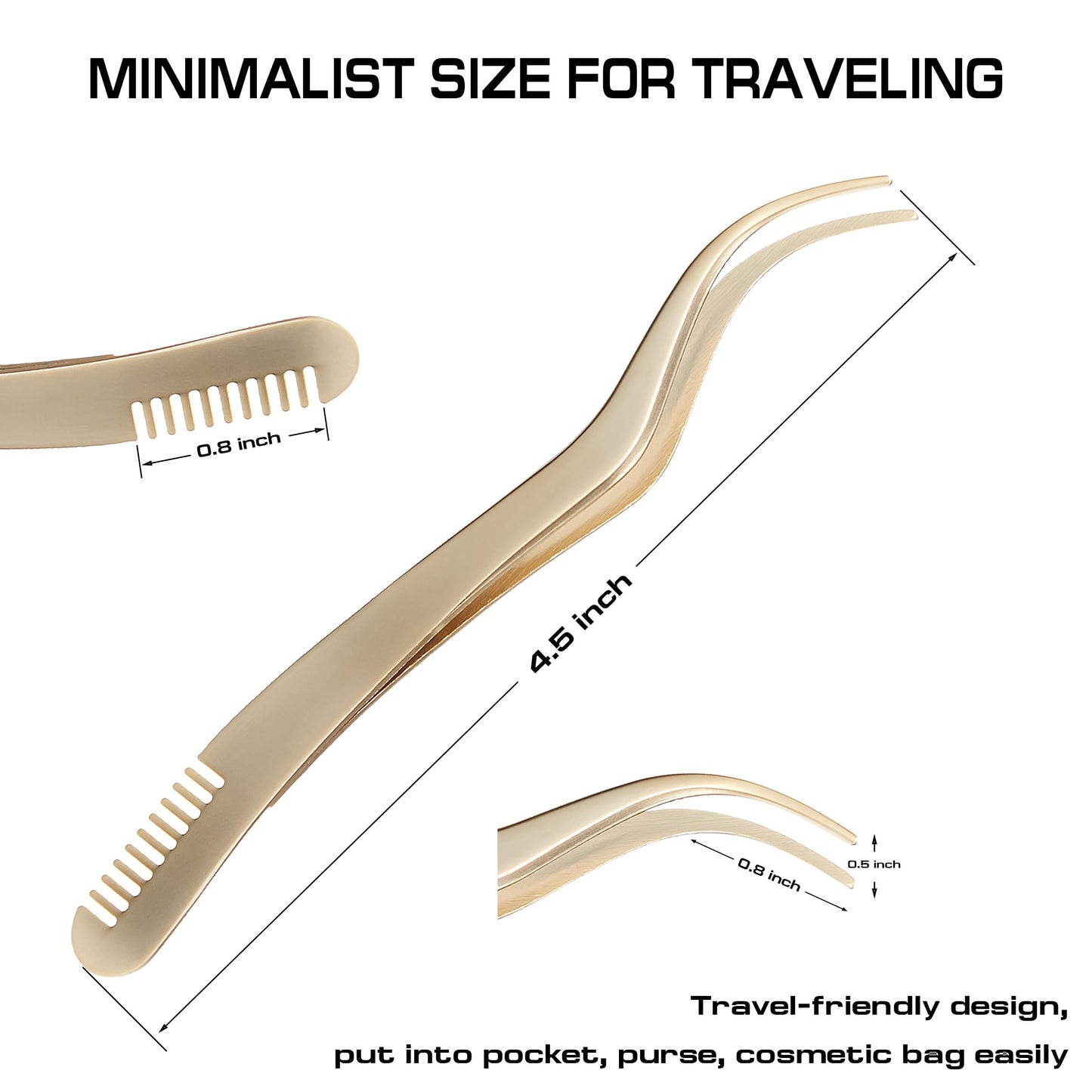 2 in 1 Lash Tweezer with Comb, Eyelash Extension, Stainless Steel Elbow Tweezers, Precise Eyebrow Tweezers Tool, Lashes Tweezer Applicator for DIY Applying False Eyelashes Clusters, Gold