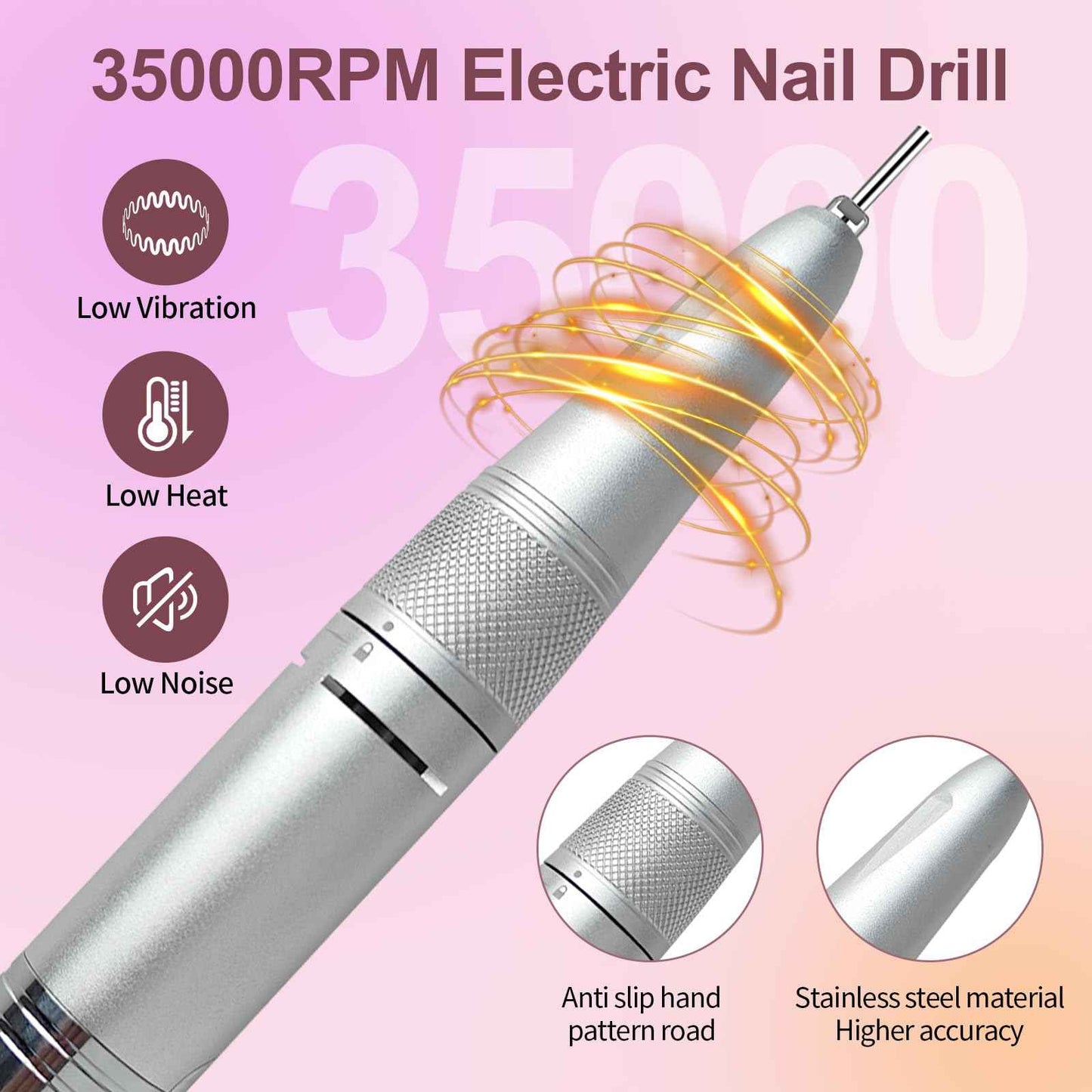 Electric Professional Purple Cordless Portable Nail File 35000RPM Gel Polish Remover Rechargeable Drill Kit for Home Salon Manicure Pedicure