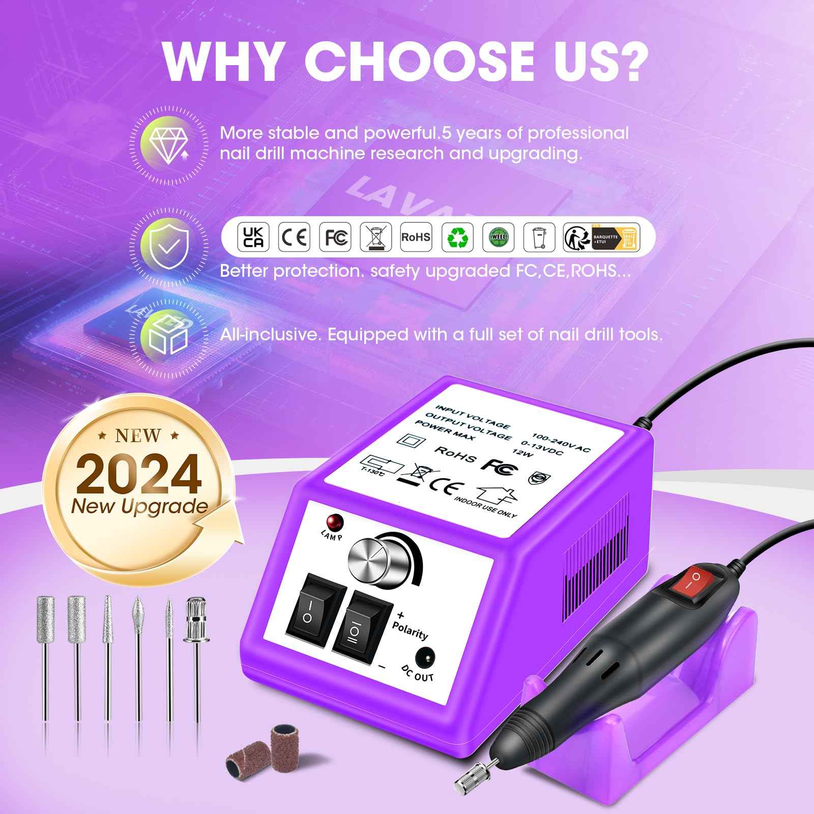 LAVAED Professional Electric Nail Drill Machine and Electric Callus Remover for Feet Waterproof Rechargeable Pedicure Kit