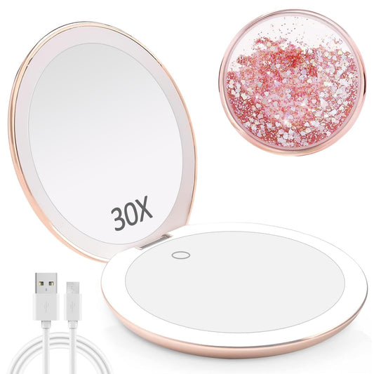 MIYADIVA Magnifying Mirror with Light,1x/30x Compact Mirror with Light,Lighted Makeup Mirror with Touch Control,Portable Lighted Makeup Mirror with Magnification for Home and Travel 4.8 Inch,Rose Gold
