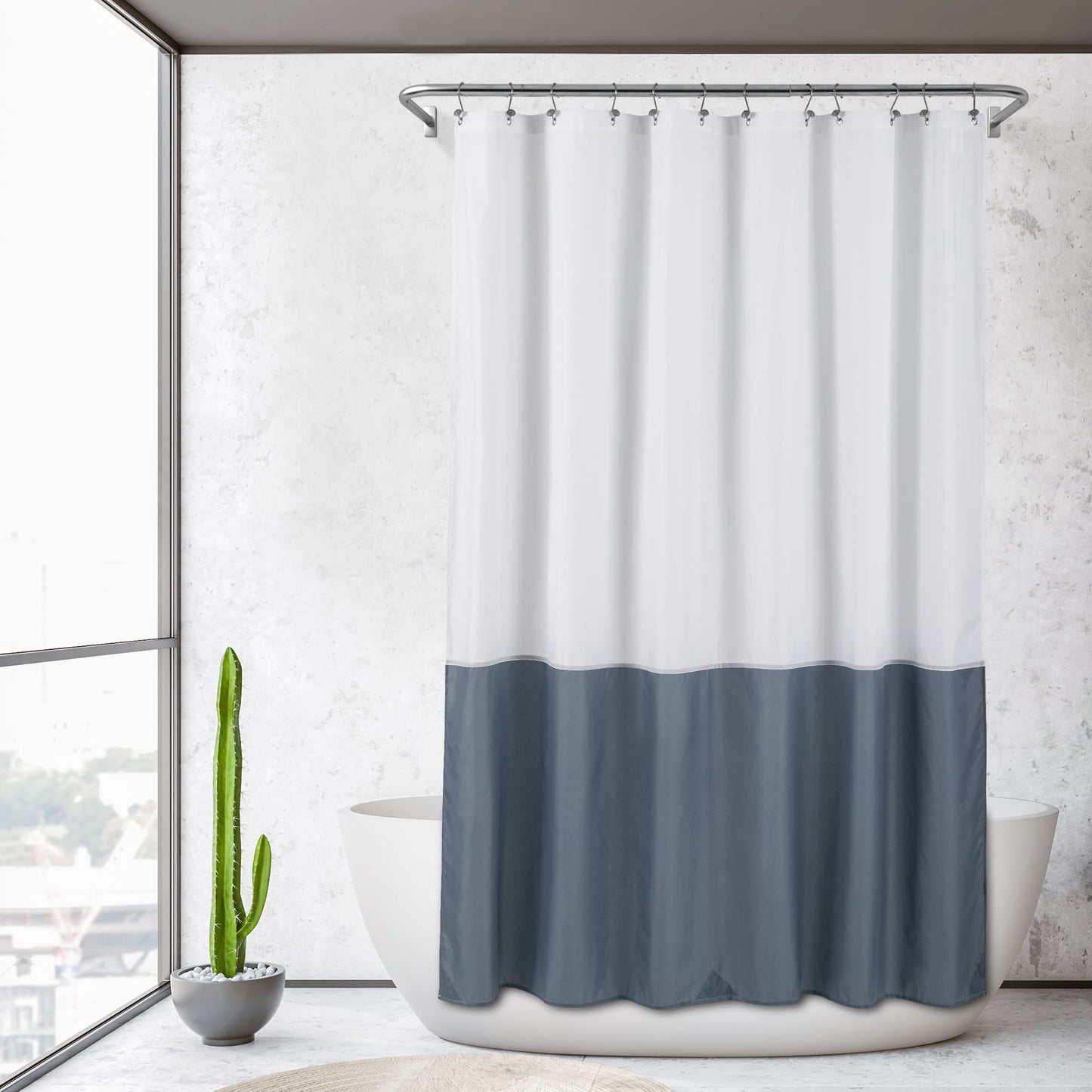 ALYVIA SPRING Waterproof Fabric Shower Curtain Liner - Soft & Light-Weight Cloth Shower Liner, 3 Bottom Magnets, Hotel Quality & Machine Washable - Standard Size 72x72, White and Stone Blue