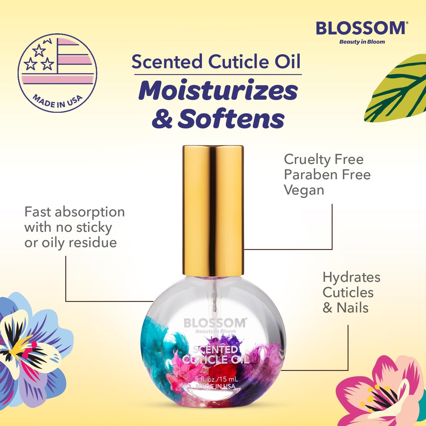 Blossom Hydrating, Moisturizing, Strengthening, Scented Cuticle Oil, Infused with Real Flowers, Made in USA, 0.5 fl. oz, Pineapple