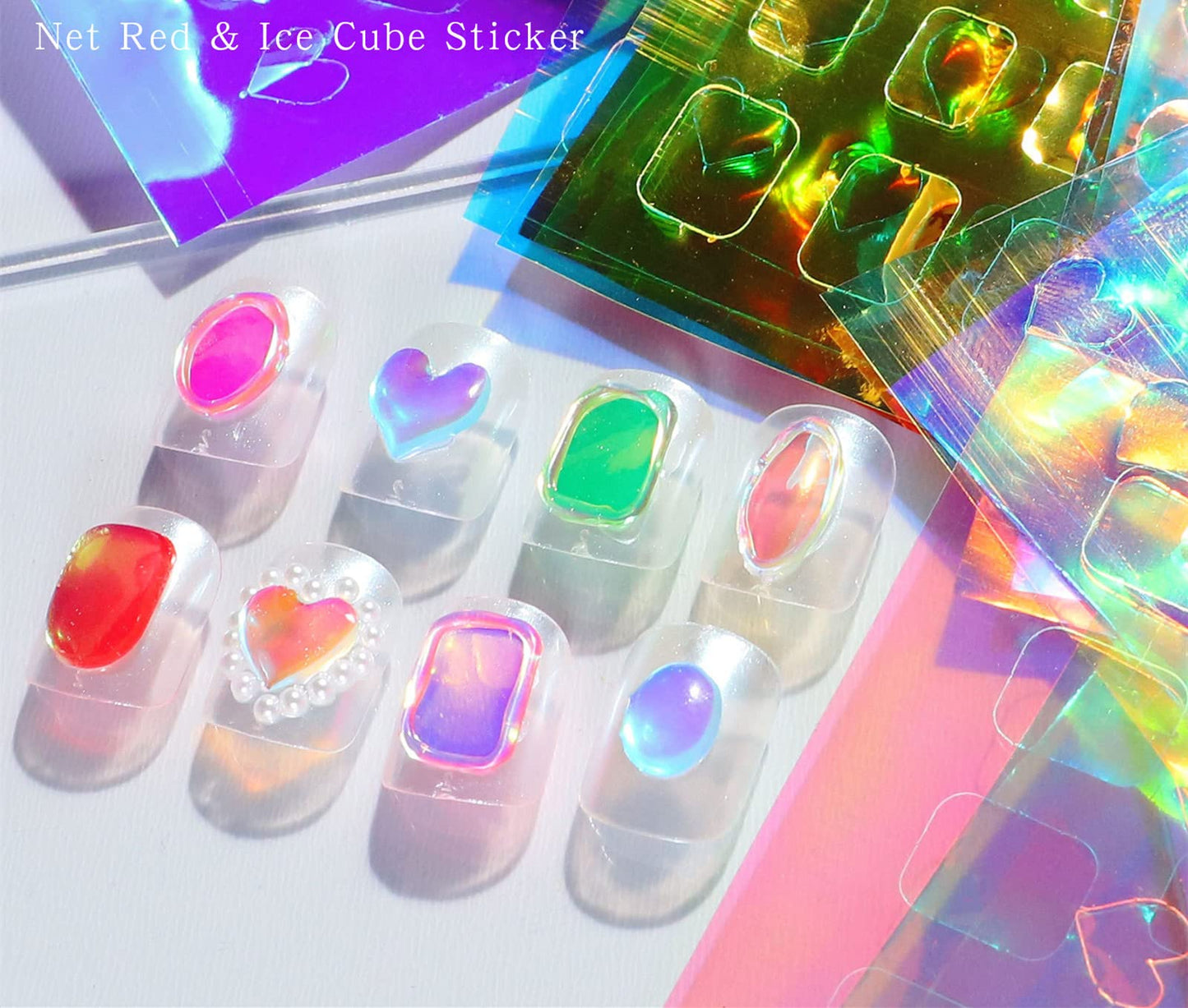 12pcs Nail Art Ice Aurora Nail Sticker Decals, Aurora Laser Heart Nail Art Stickers 3D Dynamic Glass Nail Decals Manicure Holographic Nail Foil DIY Trendy Nails Design Film Decoration for Women Girls